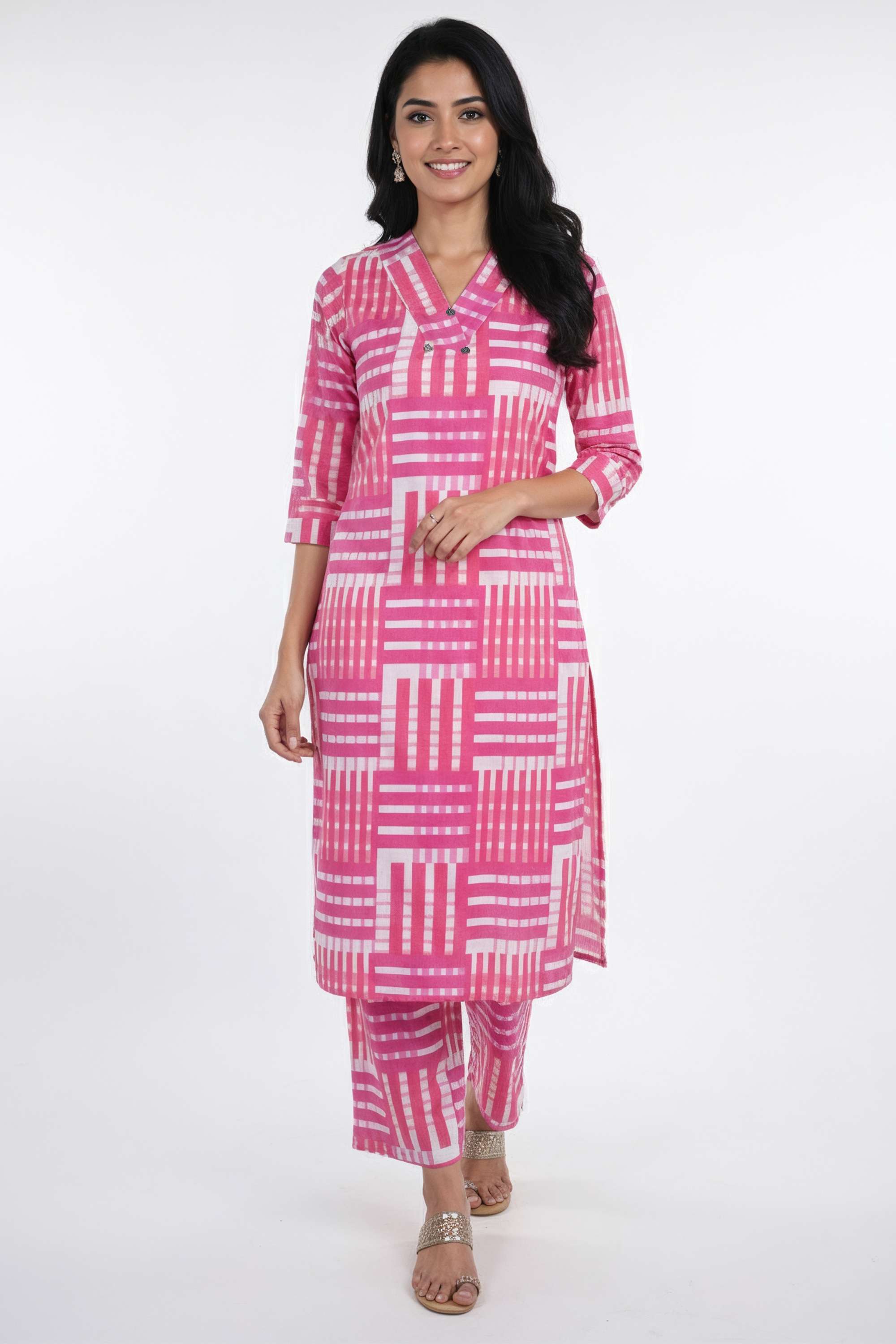 Stripes-Y-Neck-Cotton-Women-s-Kurta-And-Pants