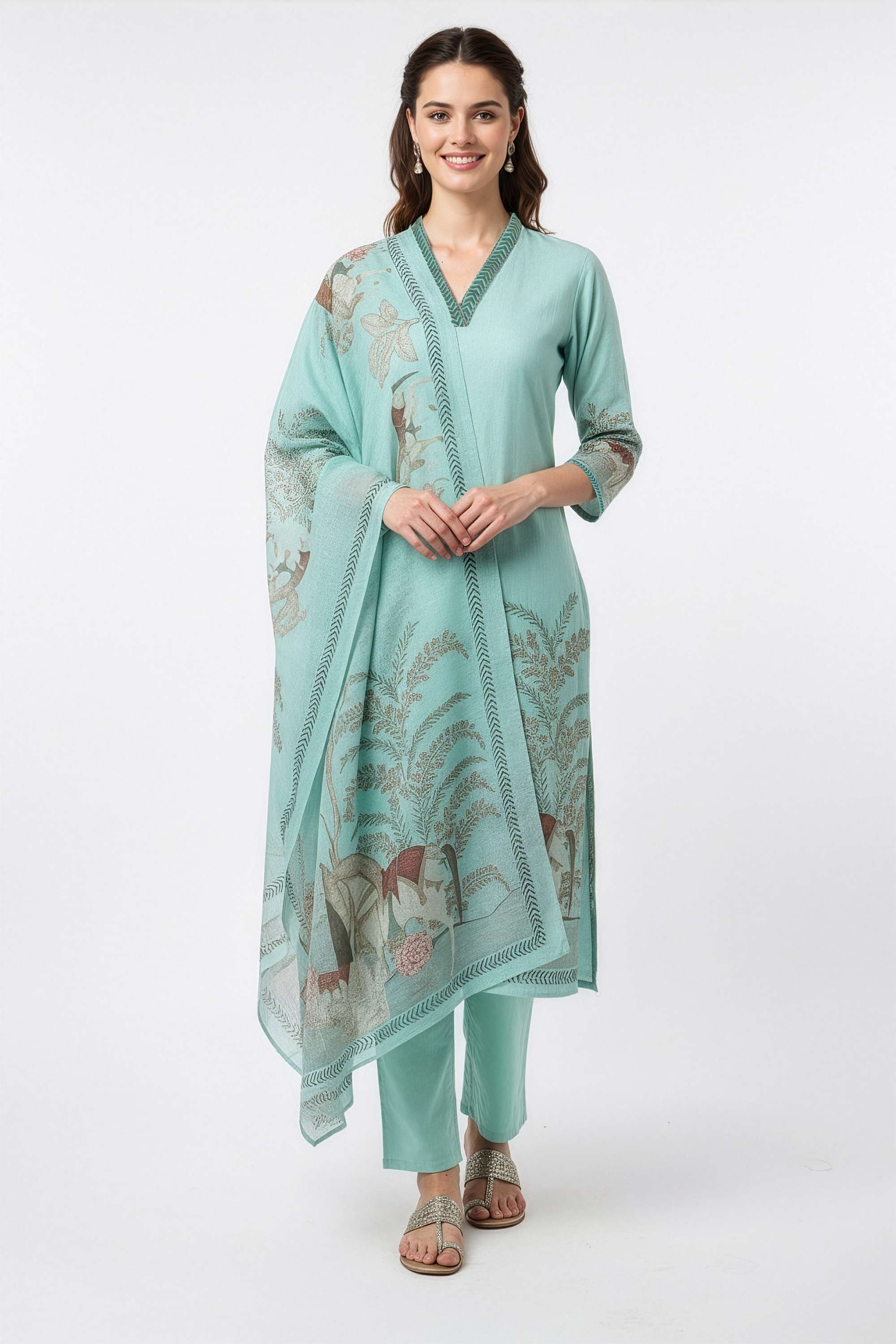 Floral-Blended-Fabric-V-Neck-Women-Kurta-with-Pant-and-Dupatta