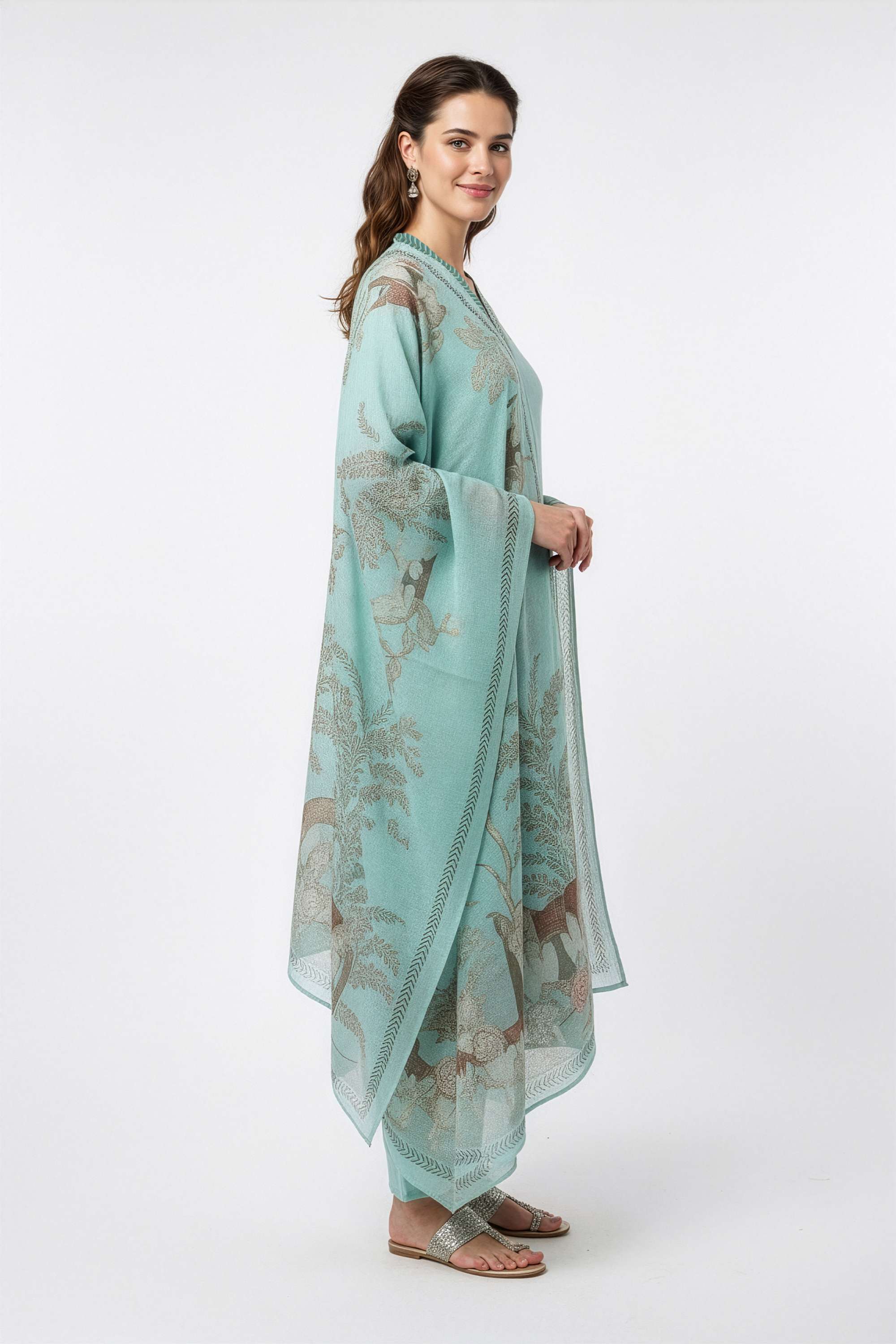 Floral-Blended-Fabric-V-Neck-Women-Kurta-with-Pant-and-Dupatta