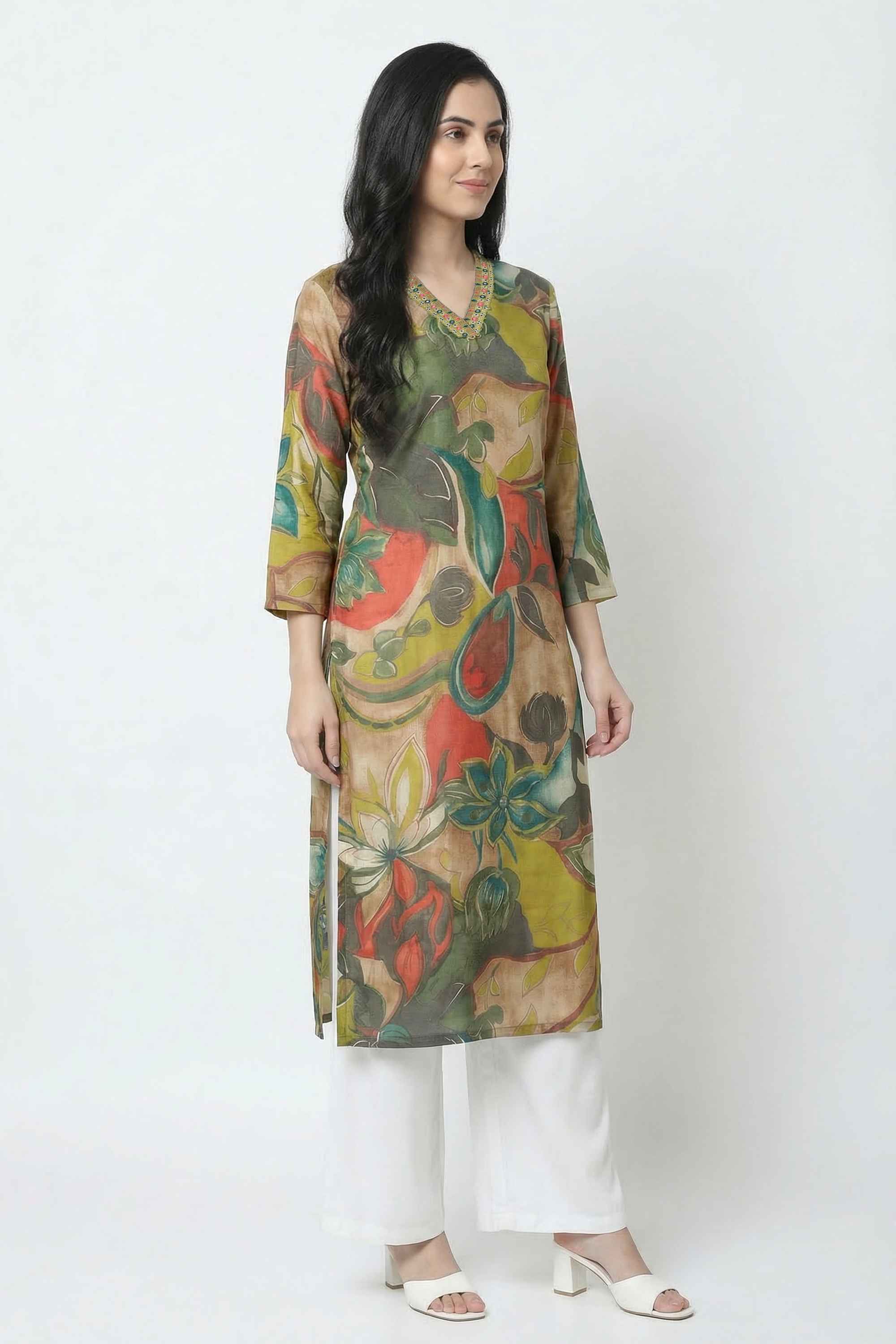 Floral-Cotton-V-Neck-Women-Kurta