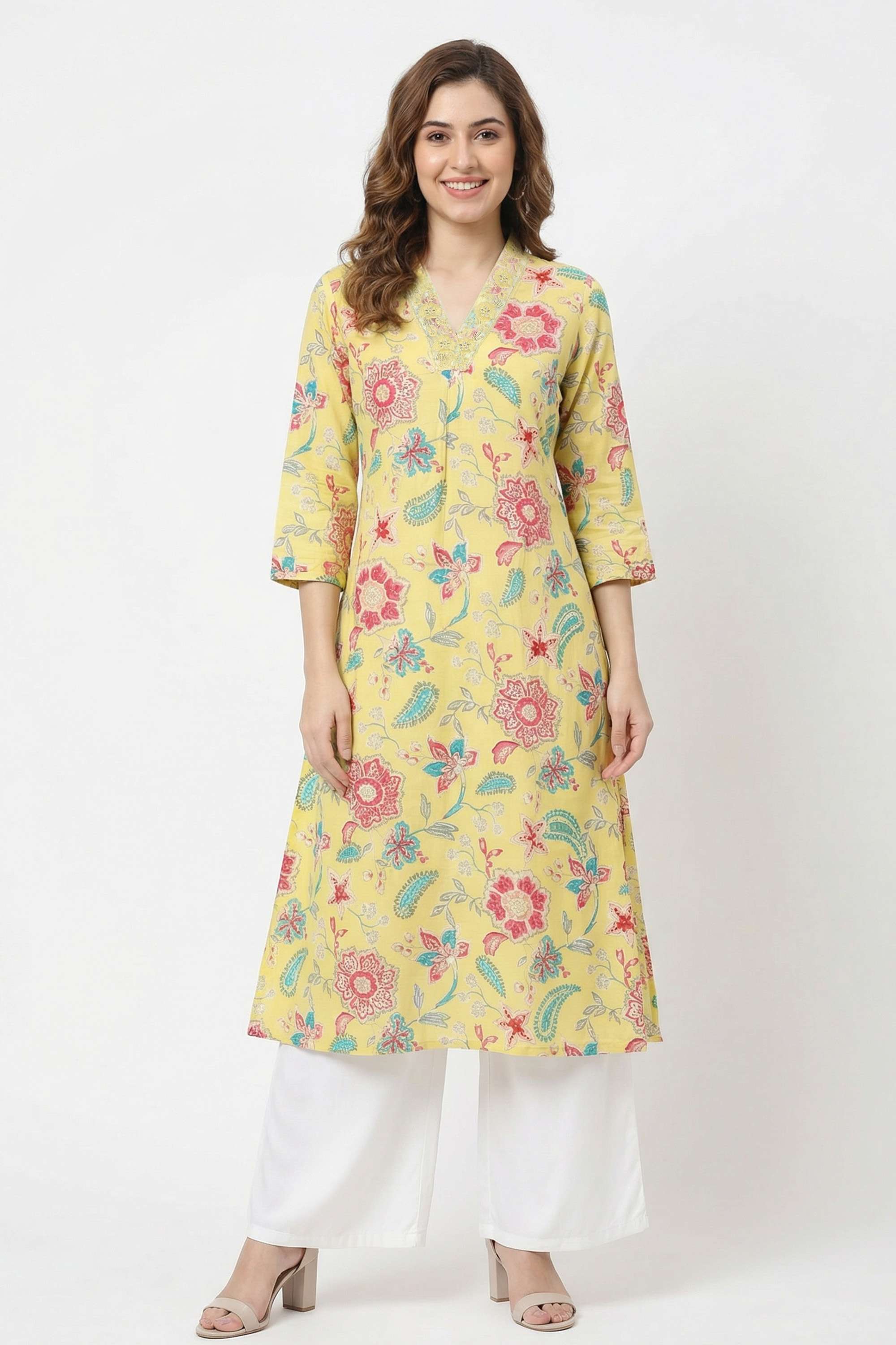 Floral-Cotton-V-Neck-Women-Kurta