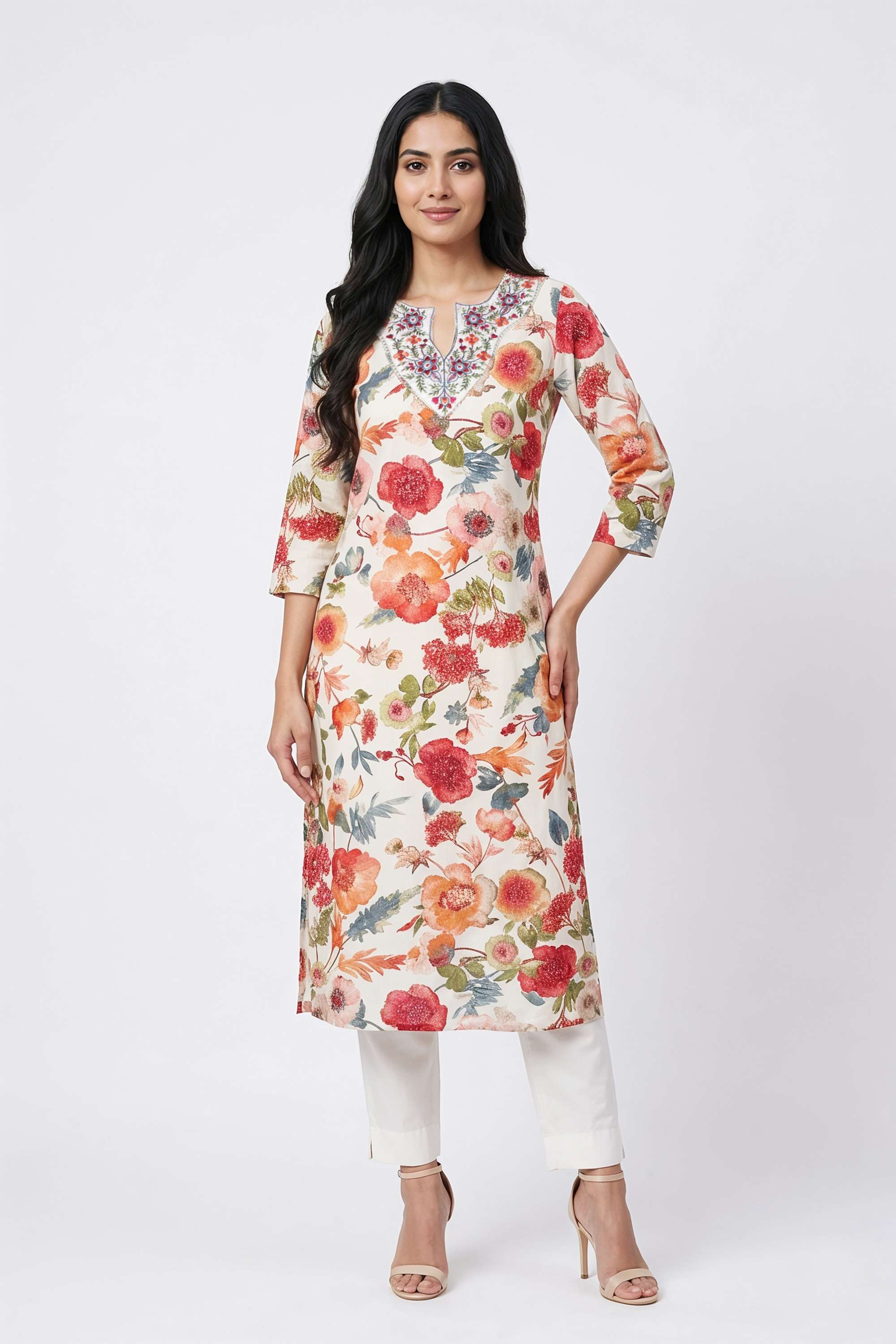 Floral-Cotton-Round-Neck-Women-Kurta