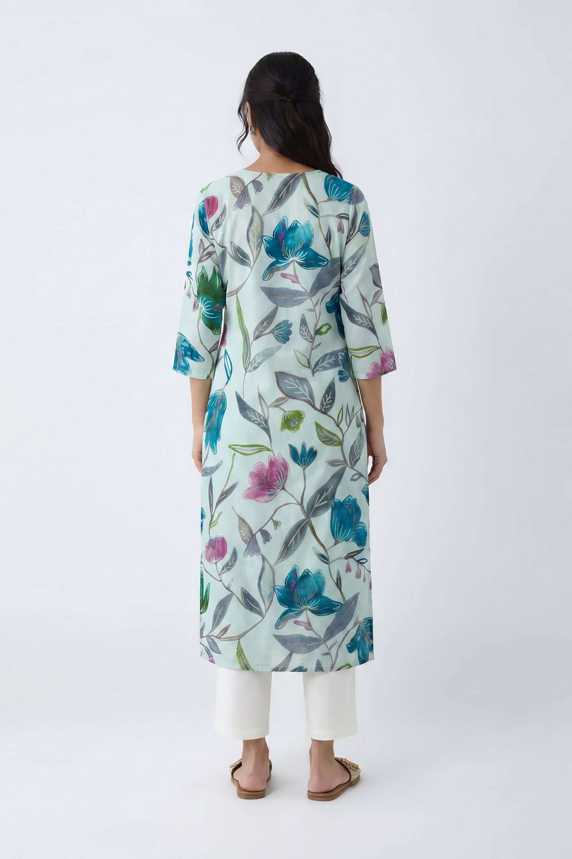 Floral-Cotton-Blend-V-Neck-Women-Kurta