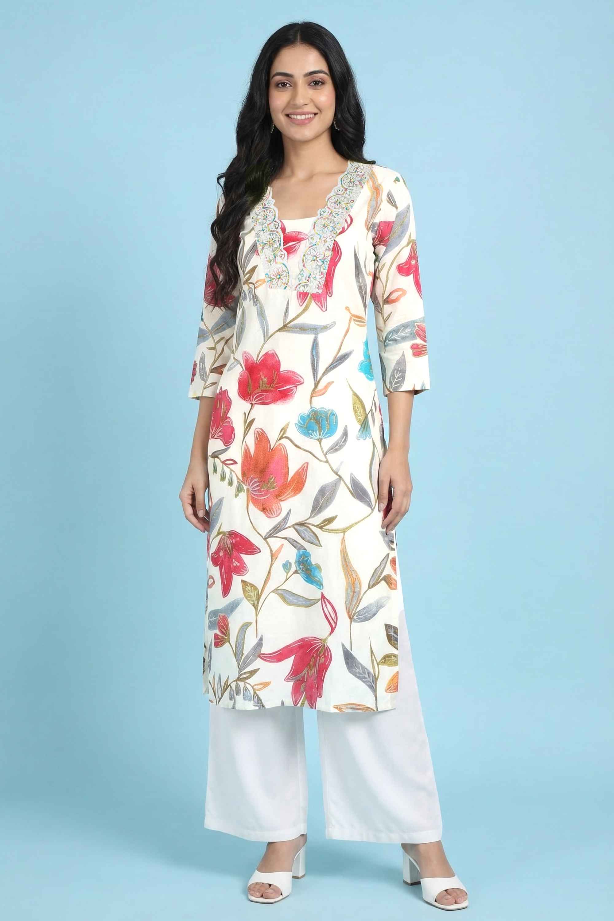 Floral-Cotton-V-Neck-Women-Kurta