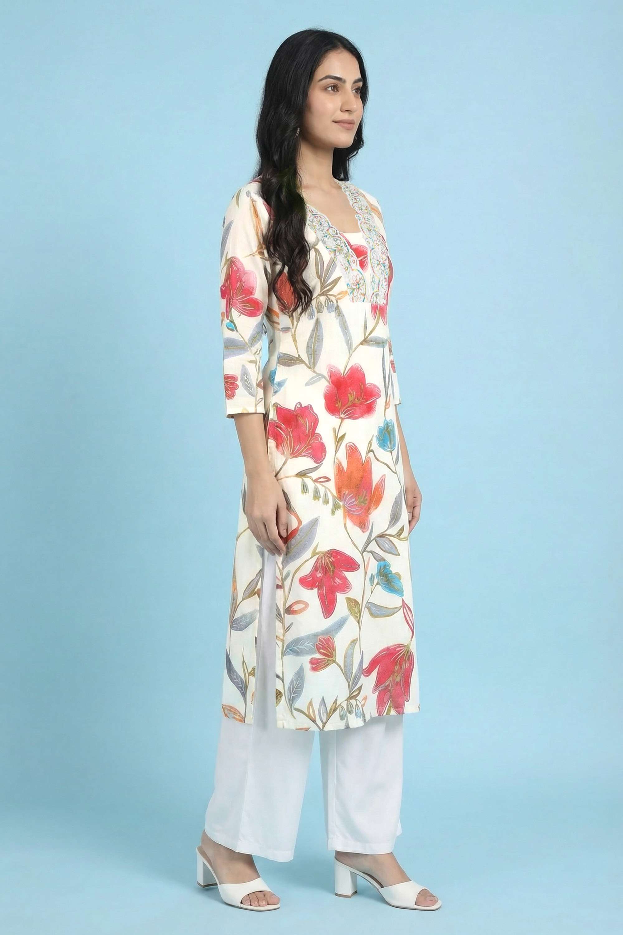 Floral-Cotton-V-Neck-Women-Kurta
