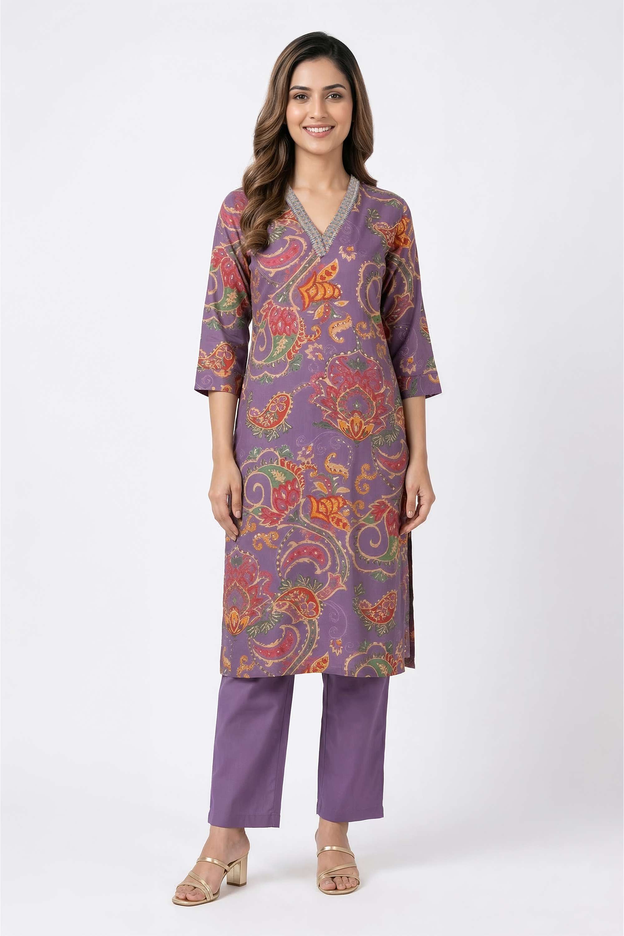 Block-Print-Y-Neck-Cotton-Women-s-Kurta-And-Pants
