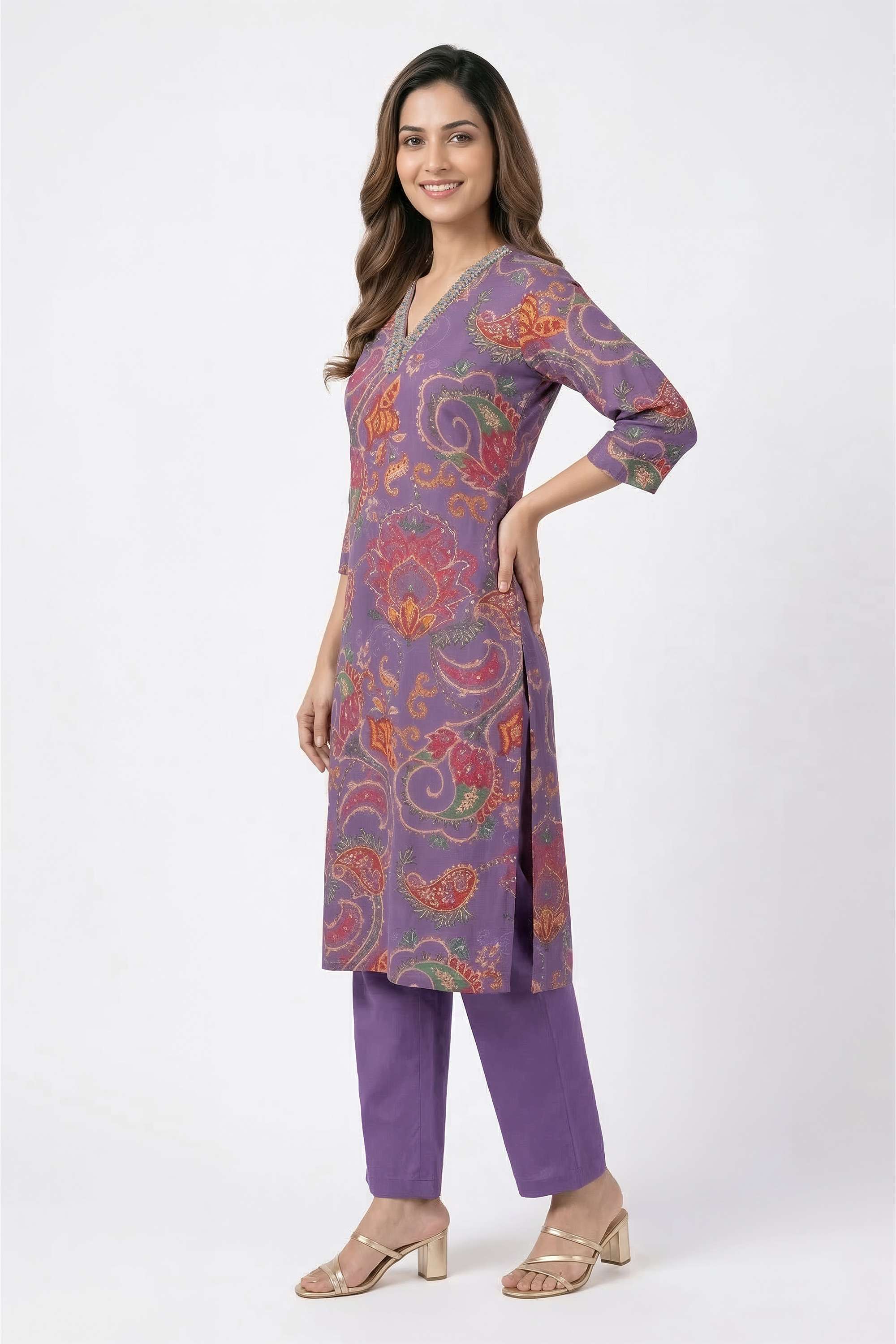 Block-Print-Y-Neck-Cotton-Women-s-Kurta-And-Pants