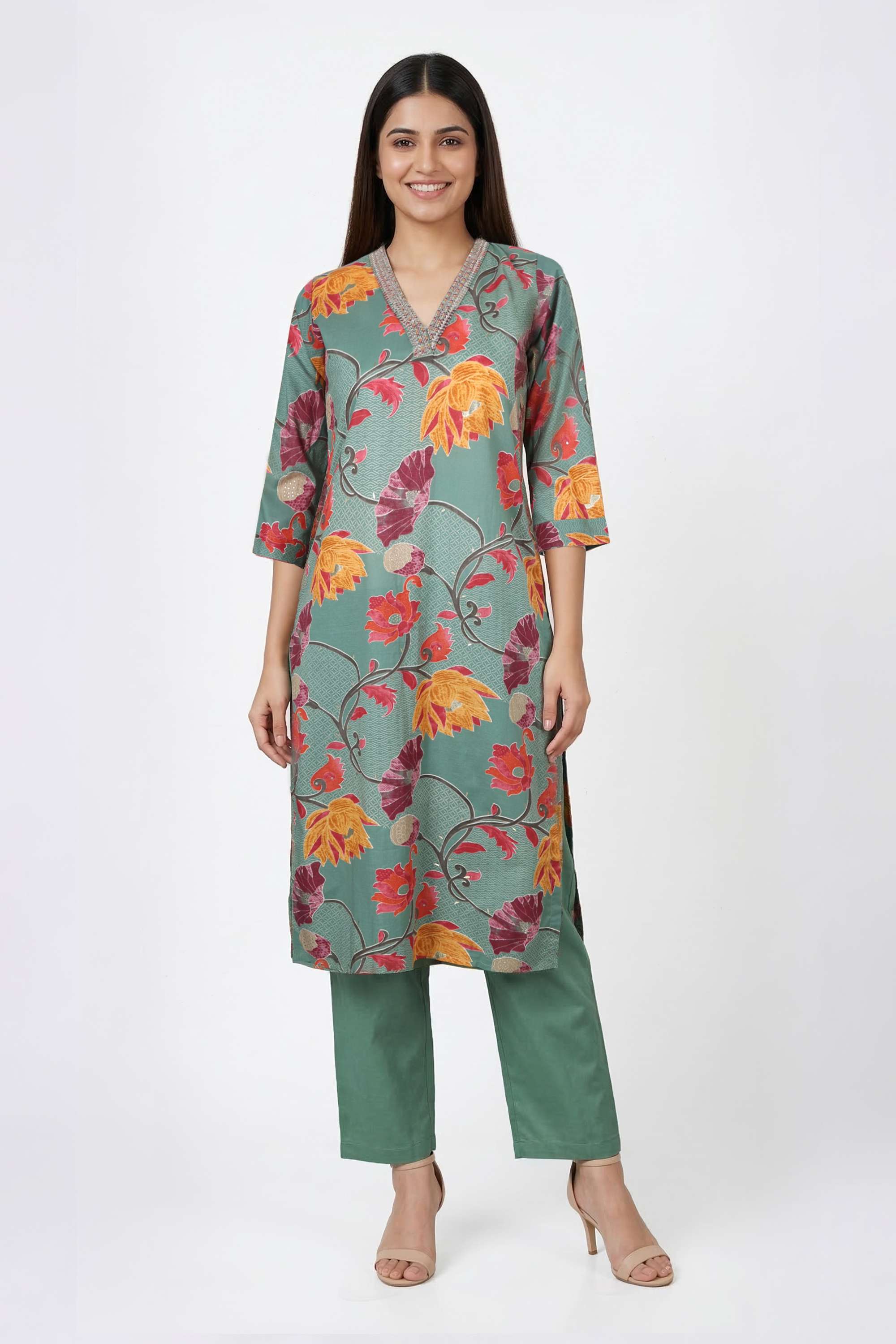Floral-Y-Neck-Cotton-Women-s-Kurta-And-Pants
