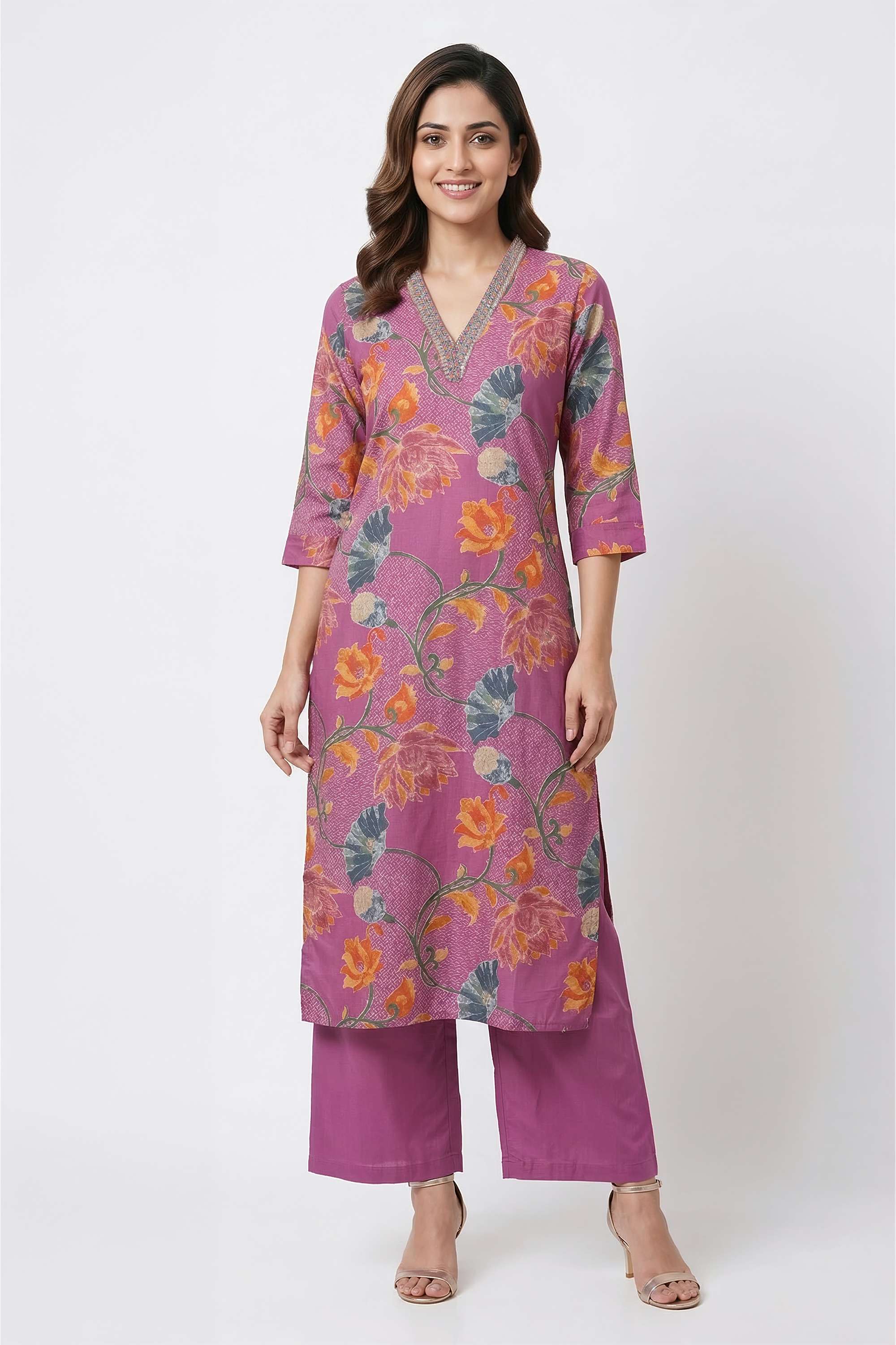 Floral-Straight-Fit-Cotton-Blend-Women-s-Casual-Wear-Pants