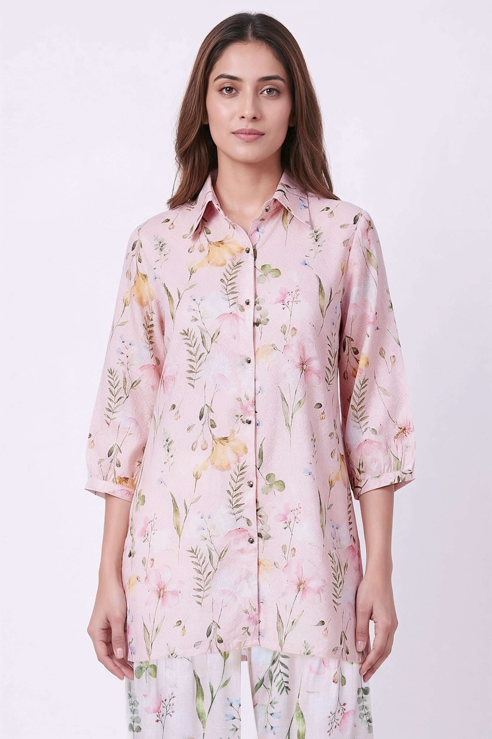 Floral-Blended-Fabric-Collared-Women-Shirt