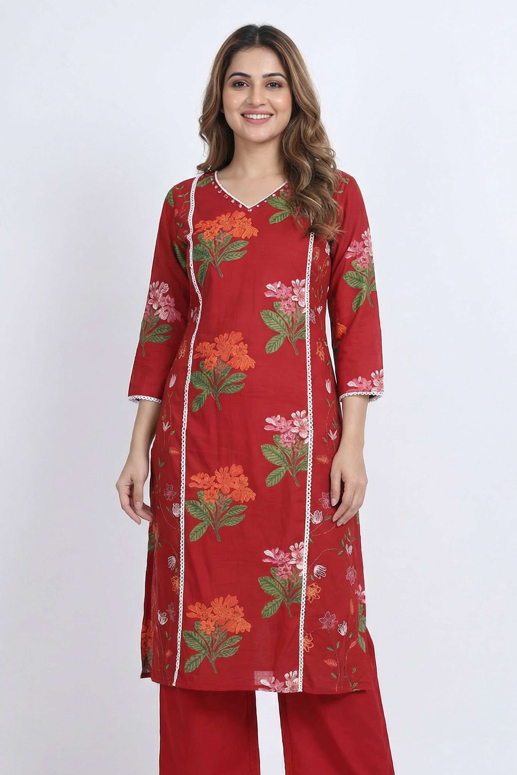 Floral-Cotton-Blend-V-Neck-Women-Kurta