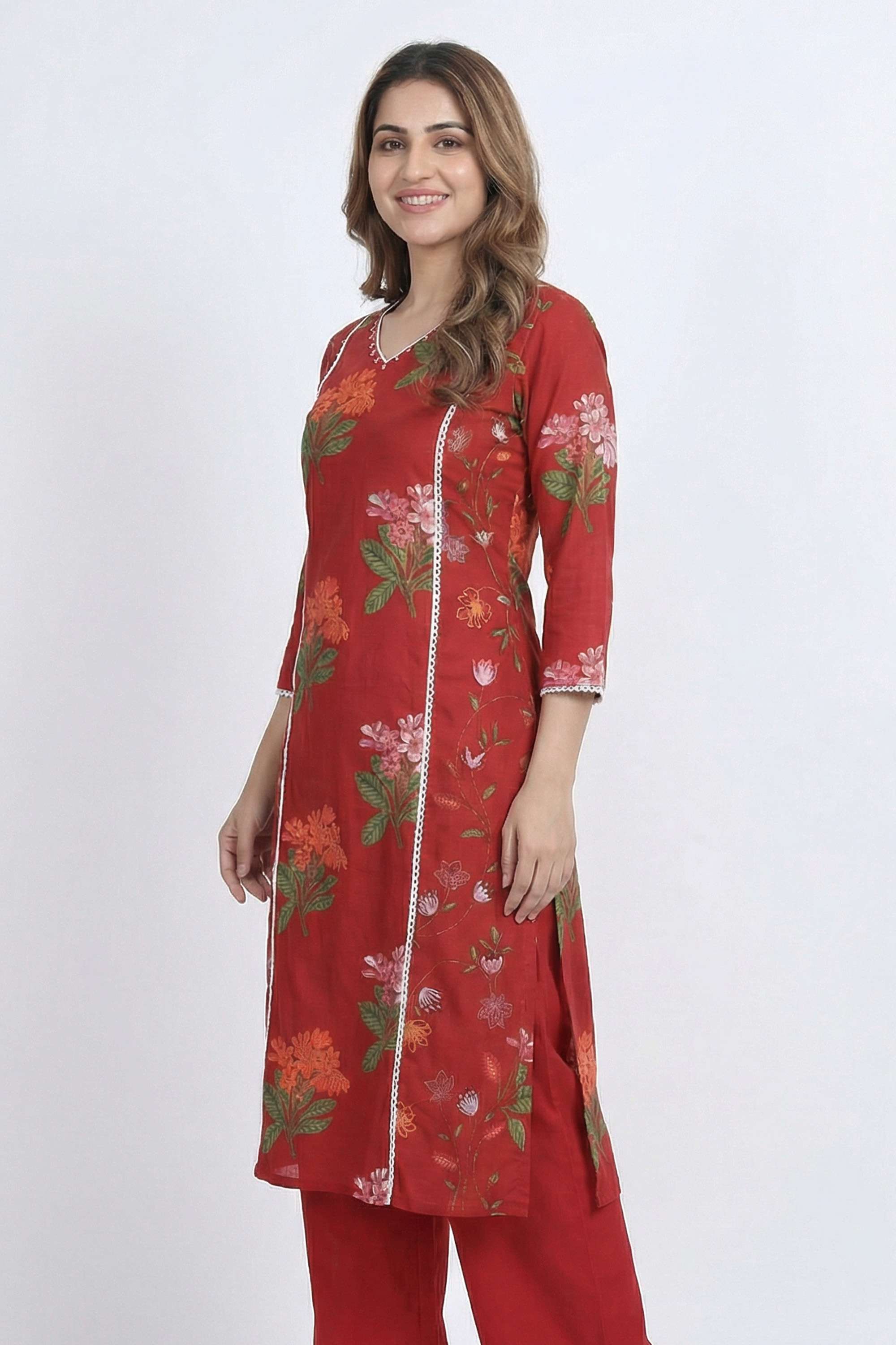 Floral-Cotton-Blend-V-Neck-Women-Kurta