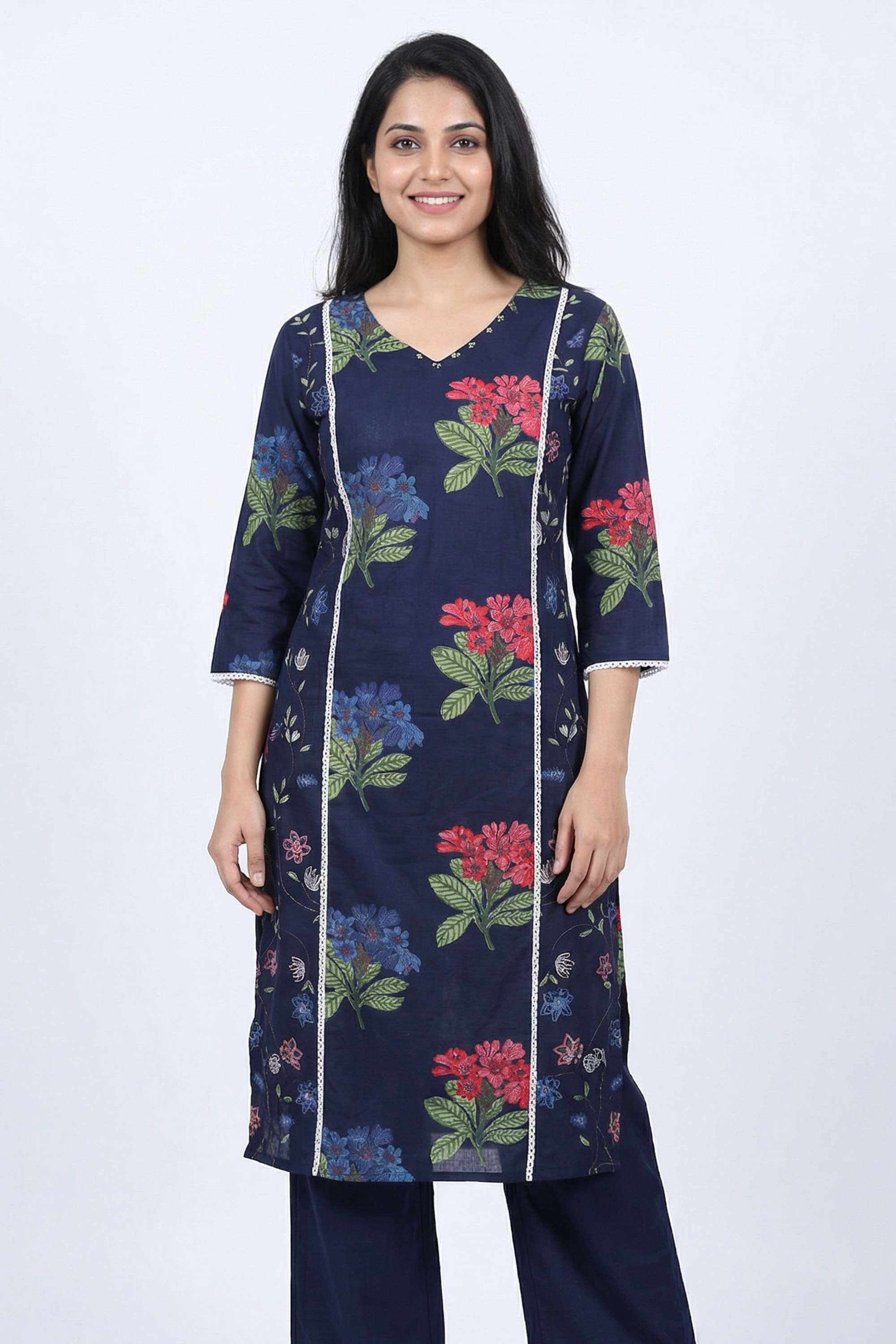 Floral-Cotton-Blend-V-Neck-Women-Kurta