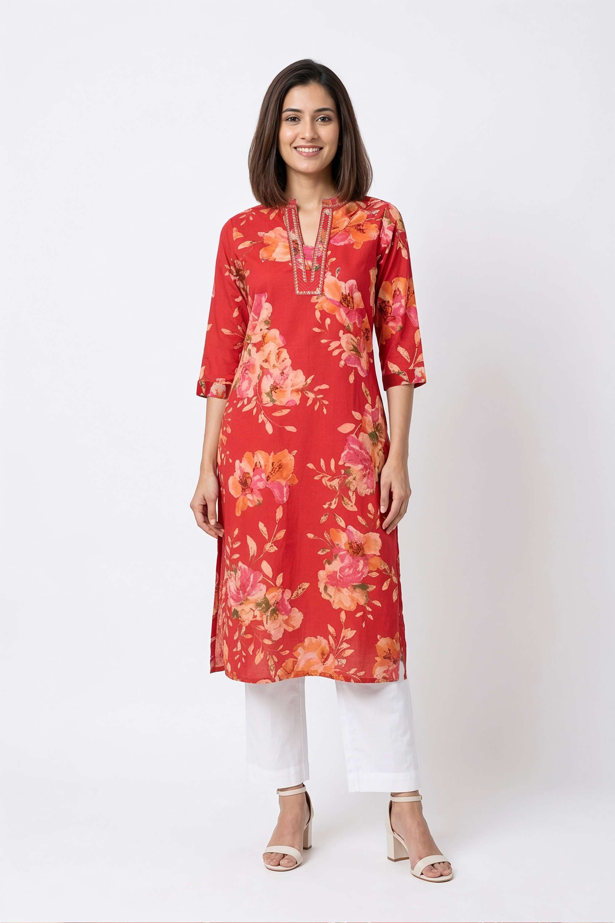 Floral-Cotton-V-Neck-Women-Kurta