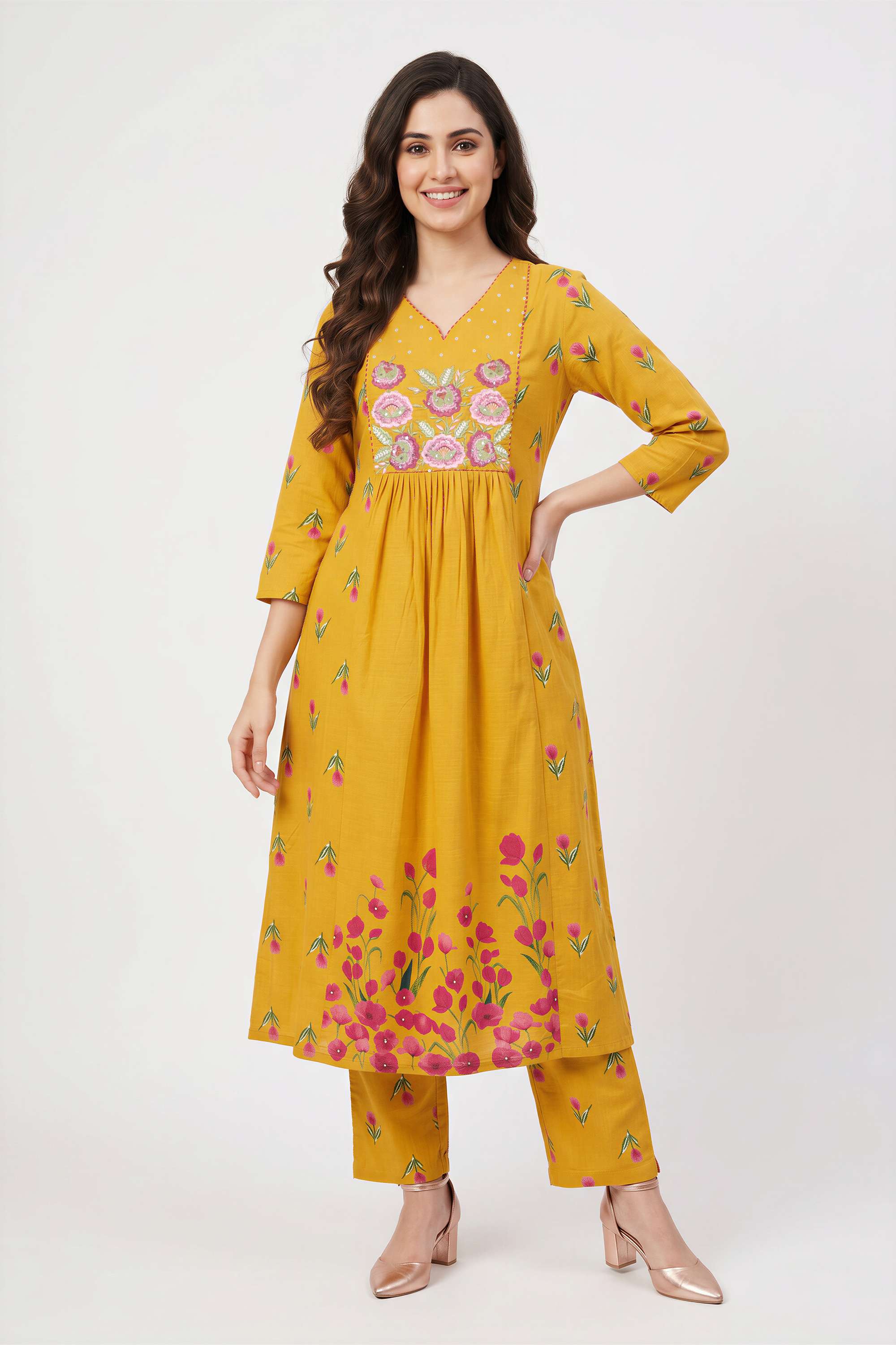 Solid-Cotton-Y-Neck-Women-s-Casual-Wear-Kurta-Set