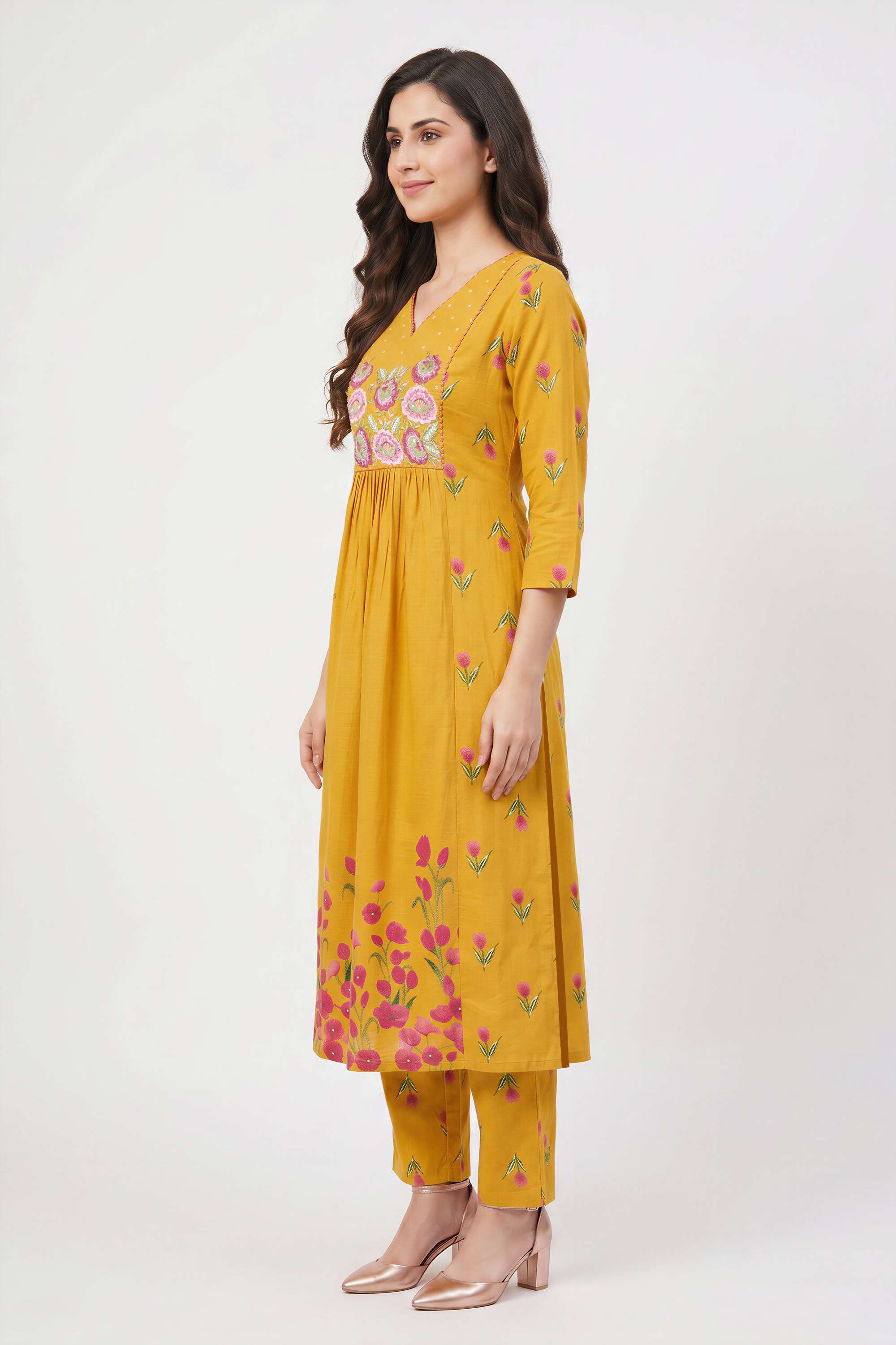 Solid-Cotton-Y-Neck-Women-s-Casual-Wear-Kurta-Set