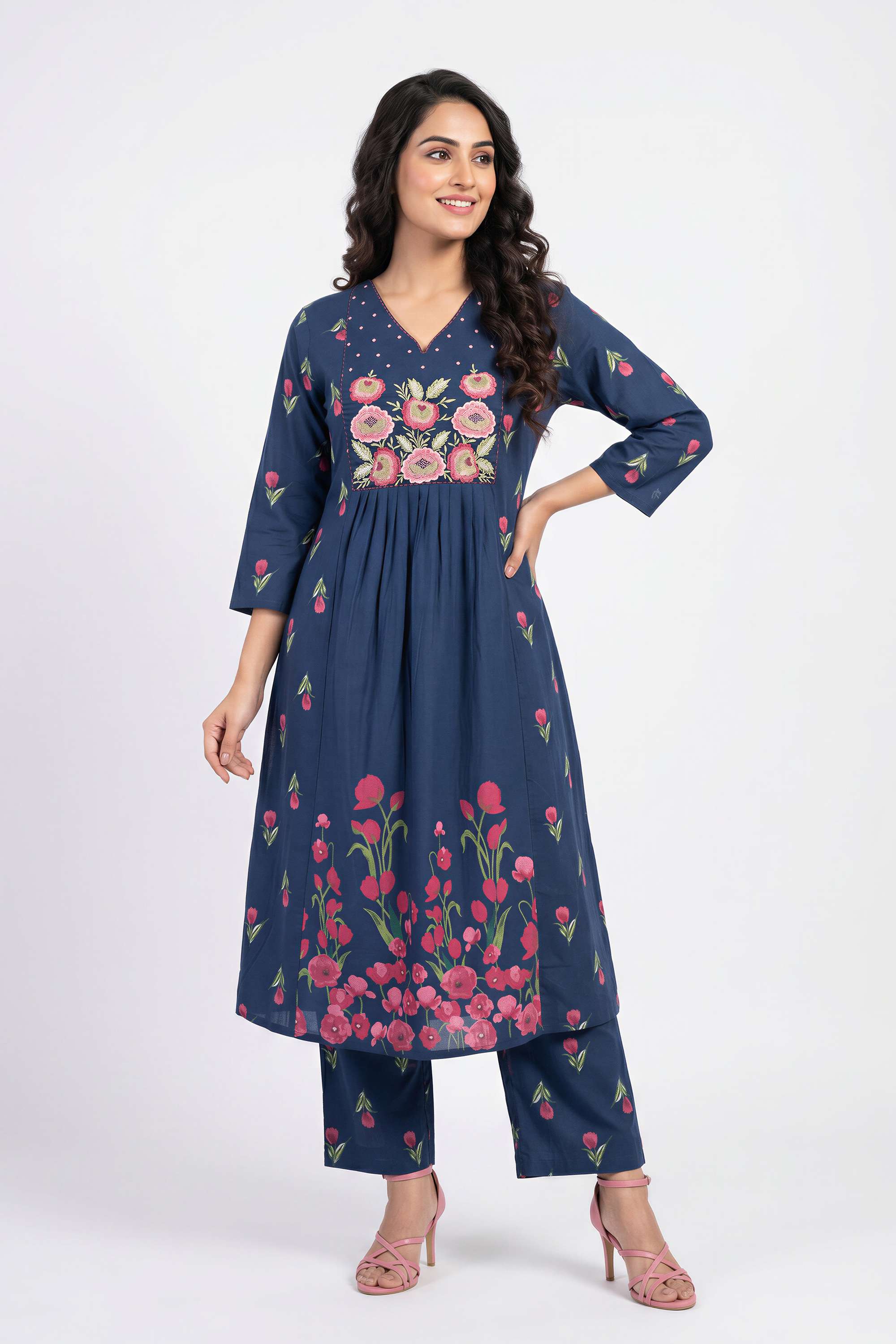 Solid-Cotton-V-Neck-Women-s-Casual-Wear-Kurta-Set
