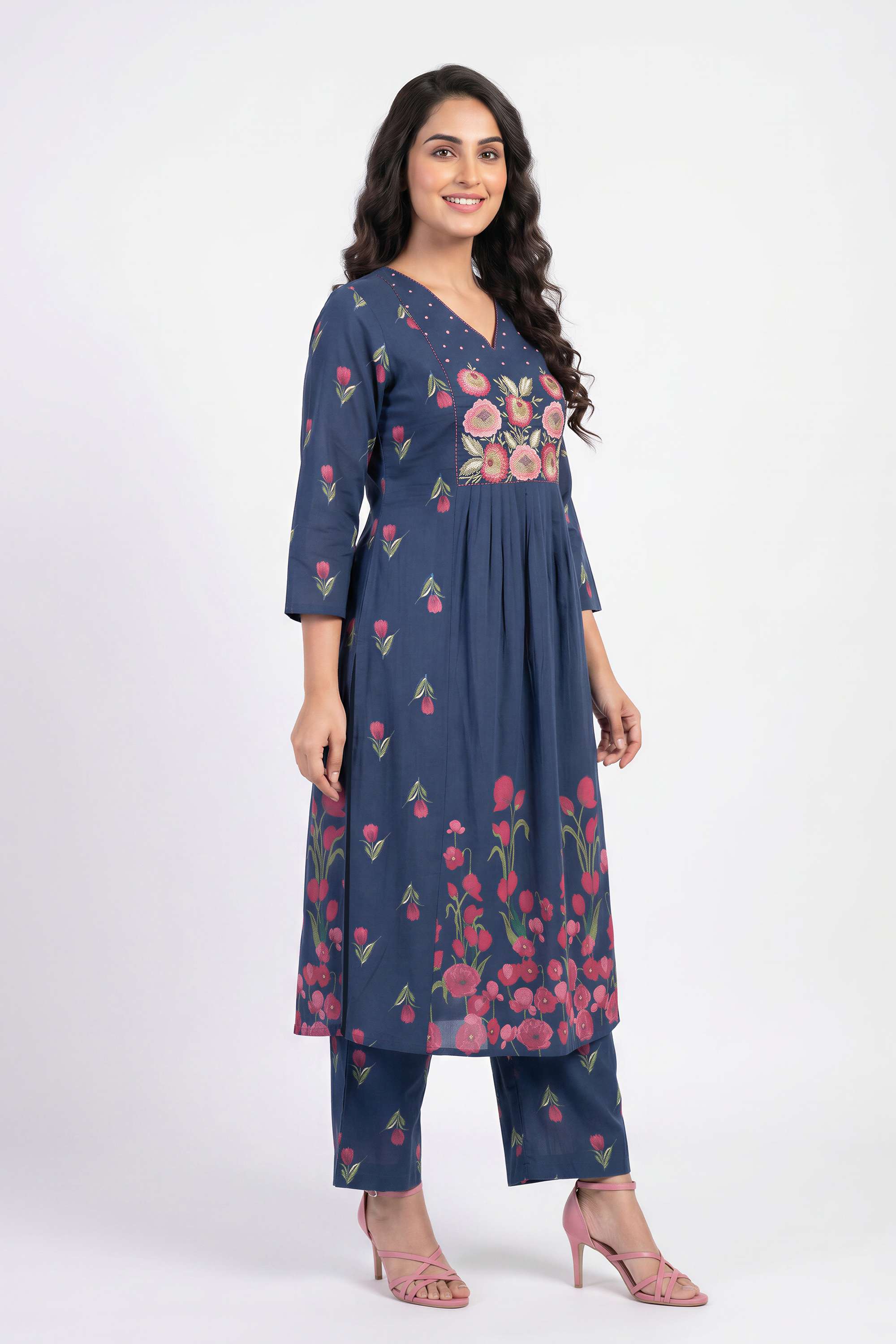 Solid-Cotton-V-Neck-Women-s-Casual-Wear-Kurta-Set
