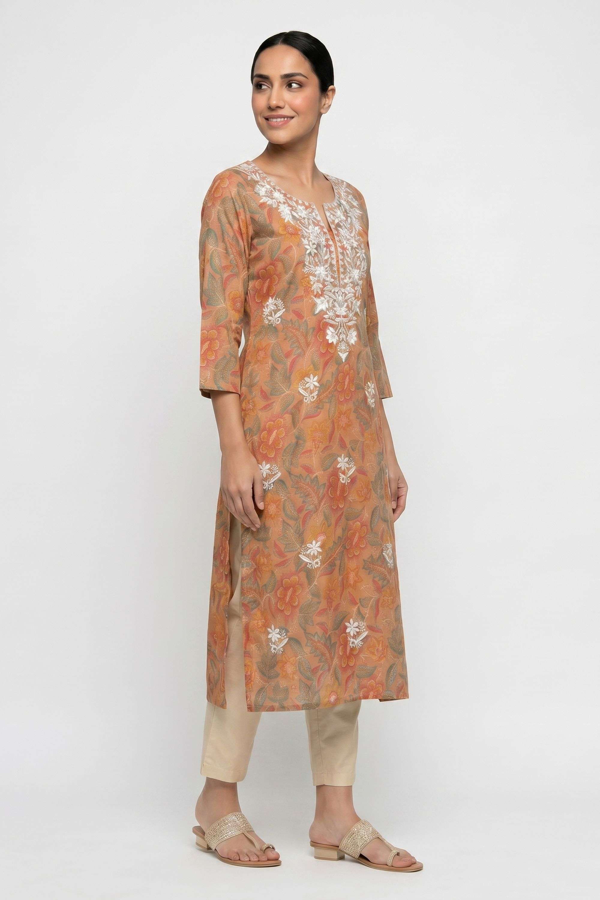 Floral-Cotton-Round-Neck-Women-Kurta