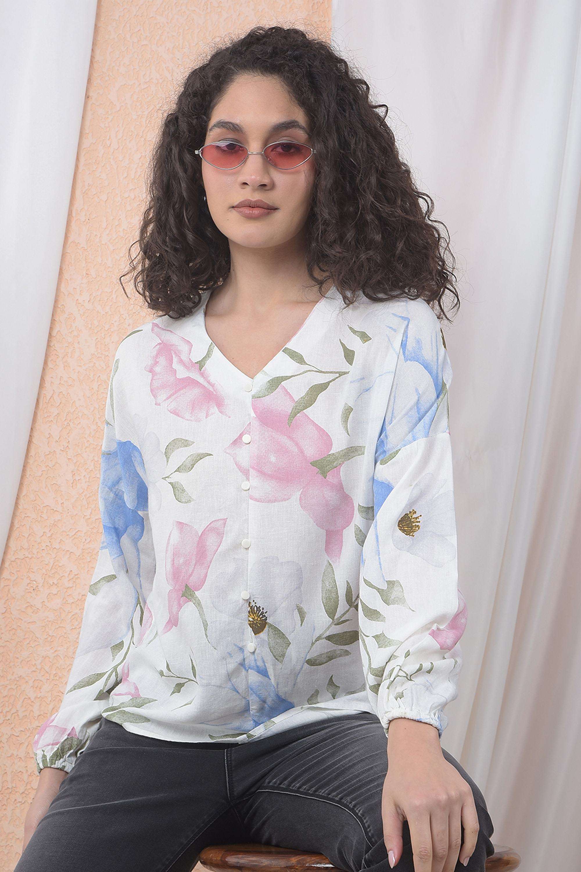 crimsoune club Printed Blended Fabric V-Neck Women's Shirt-picture-33