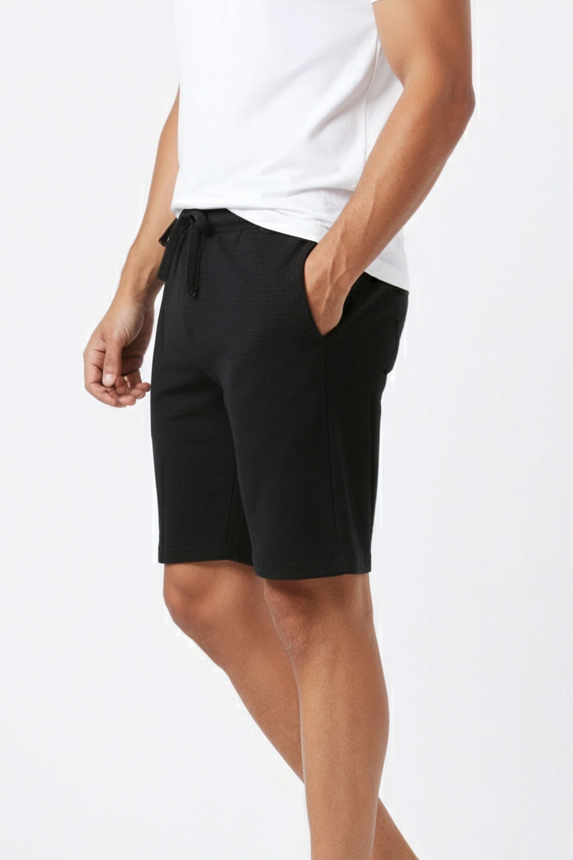 Solid-Poly-Cotton-Drawstring-Men-Shorts