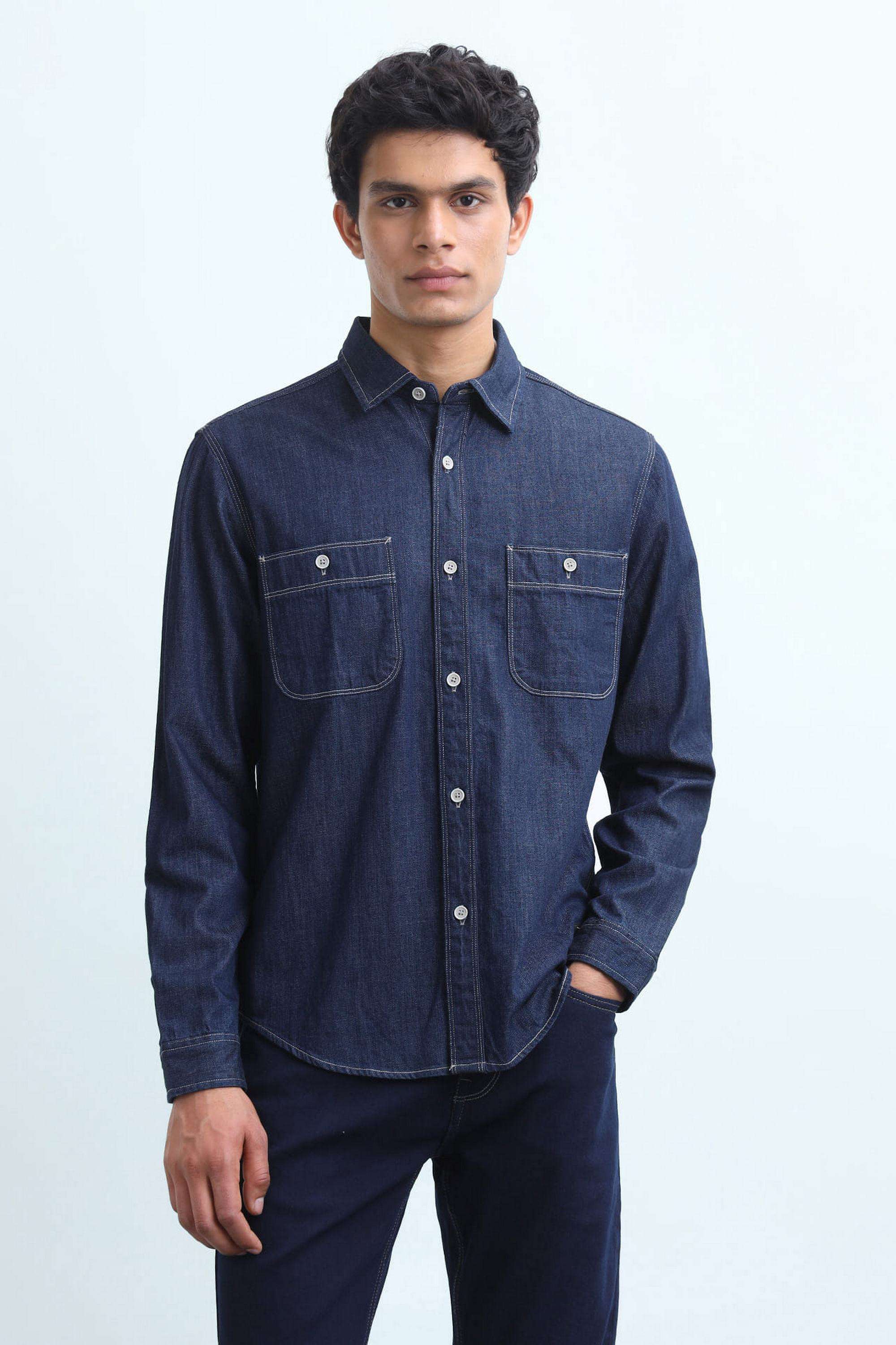 Solid-Cotton-Slim-Fit-Men-s-Casual-Wear-Denim-Shirt