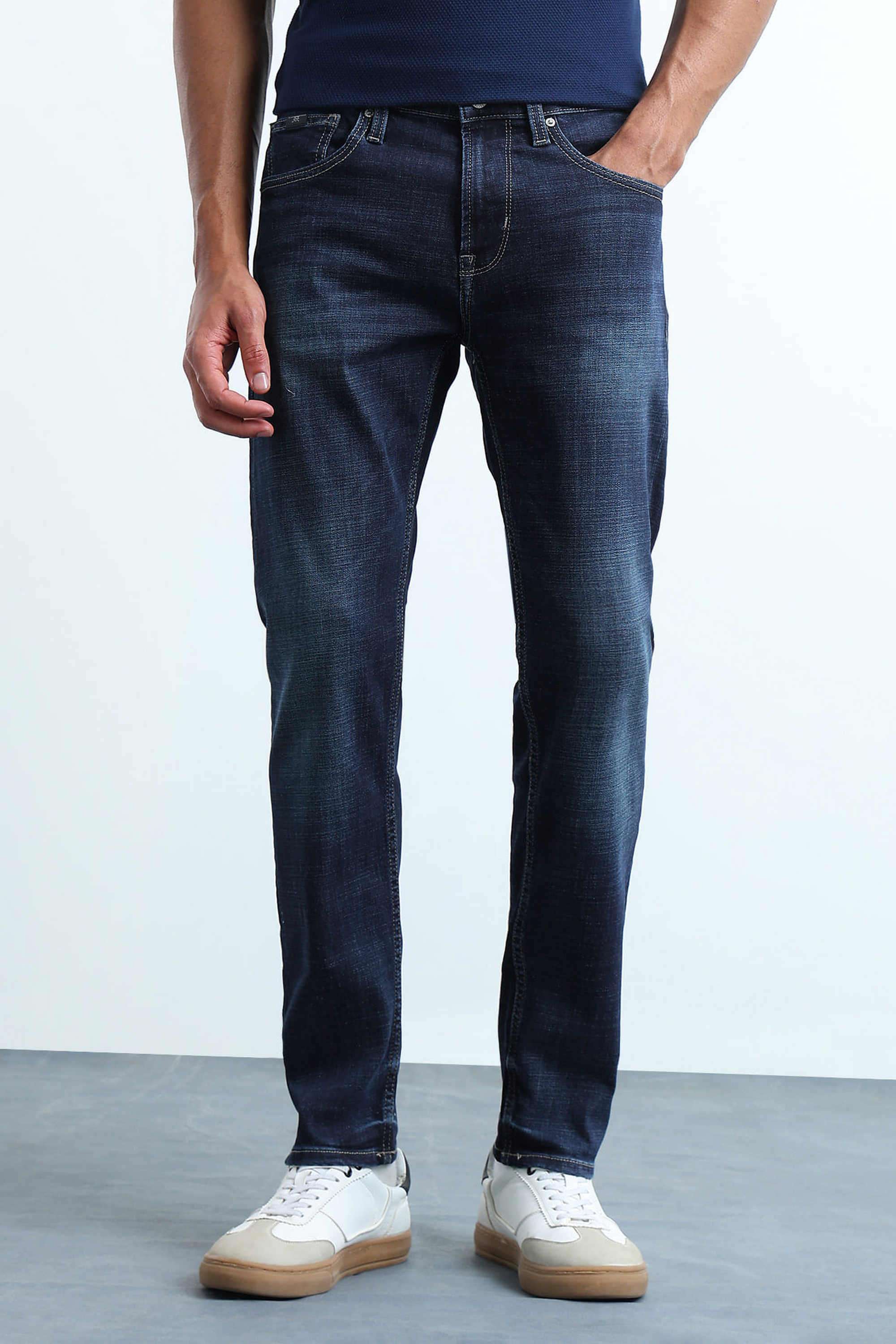 Solid-Polyester-Cotton-Tapered-Fit-Men-s-Jeans
