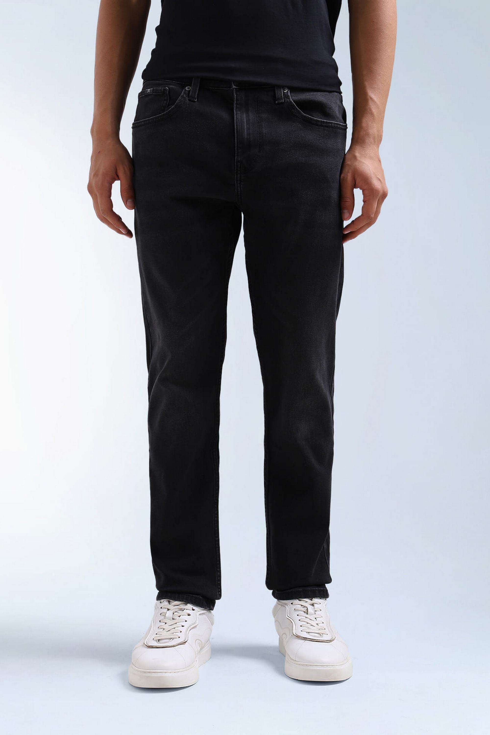 Solid-Polyester-Cotton-Tapered-Fit-Men-s-Jeans