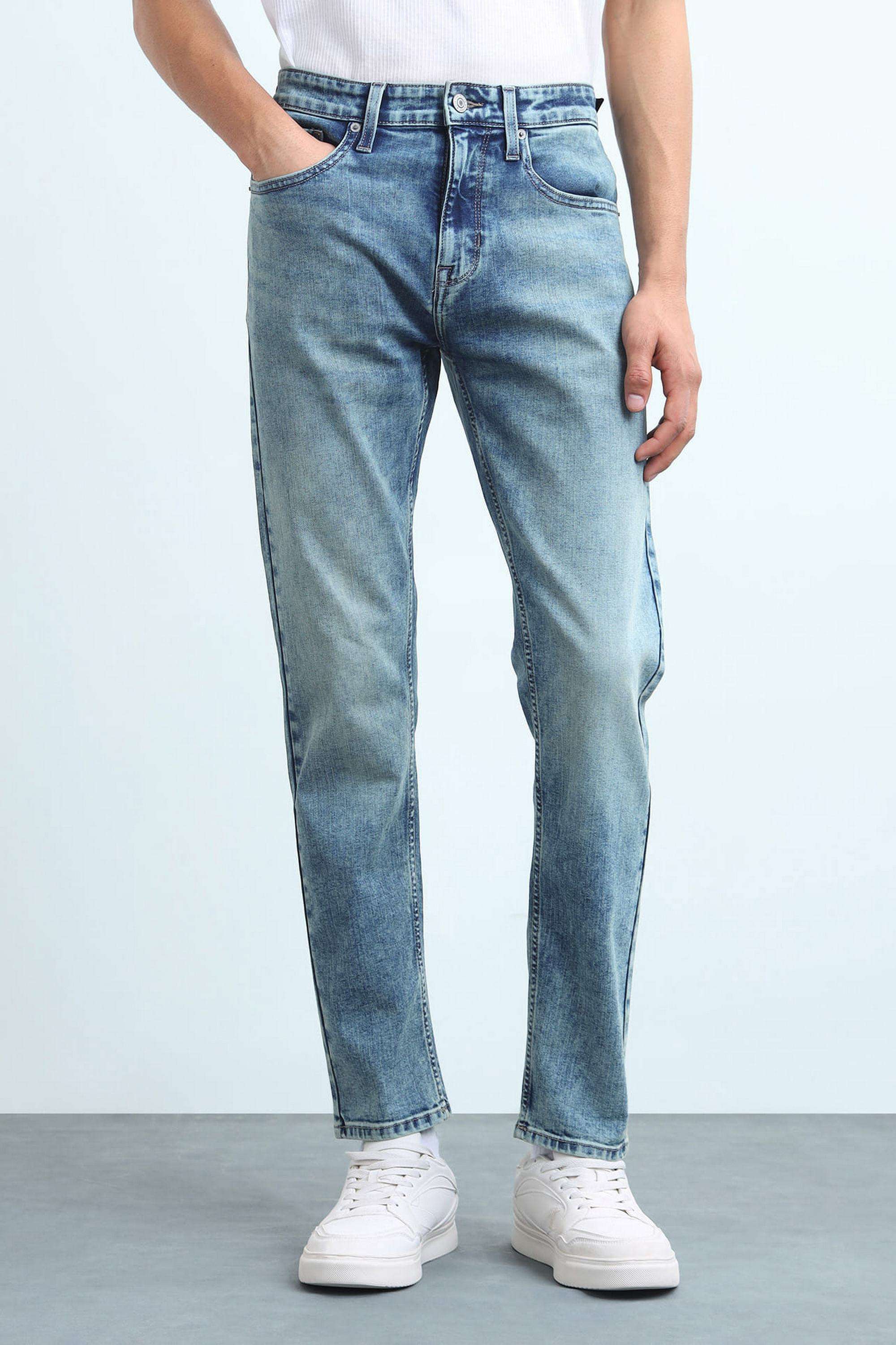 Solid-Polyester-Cotton-Tapered-Fit-Men-s-Jeans