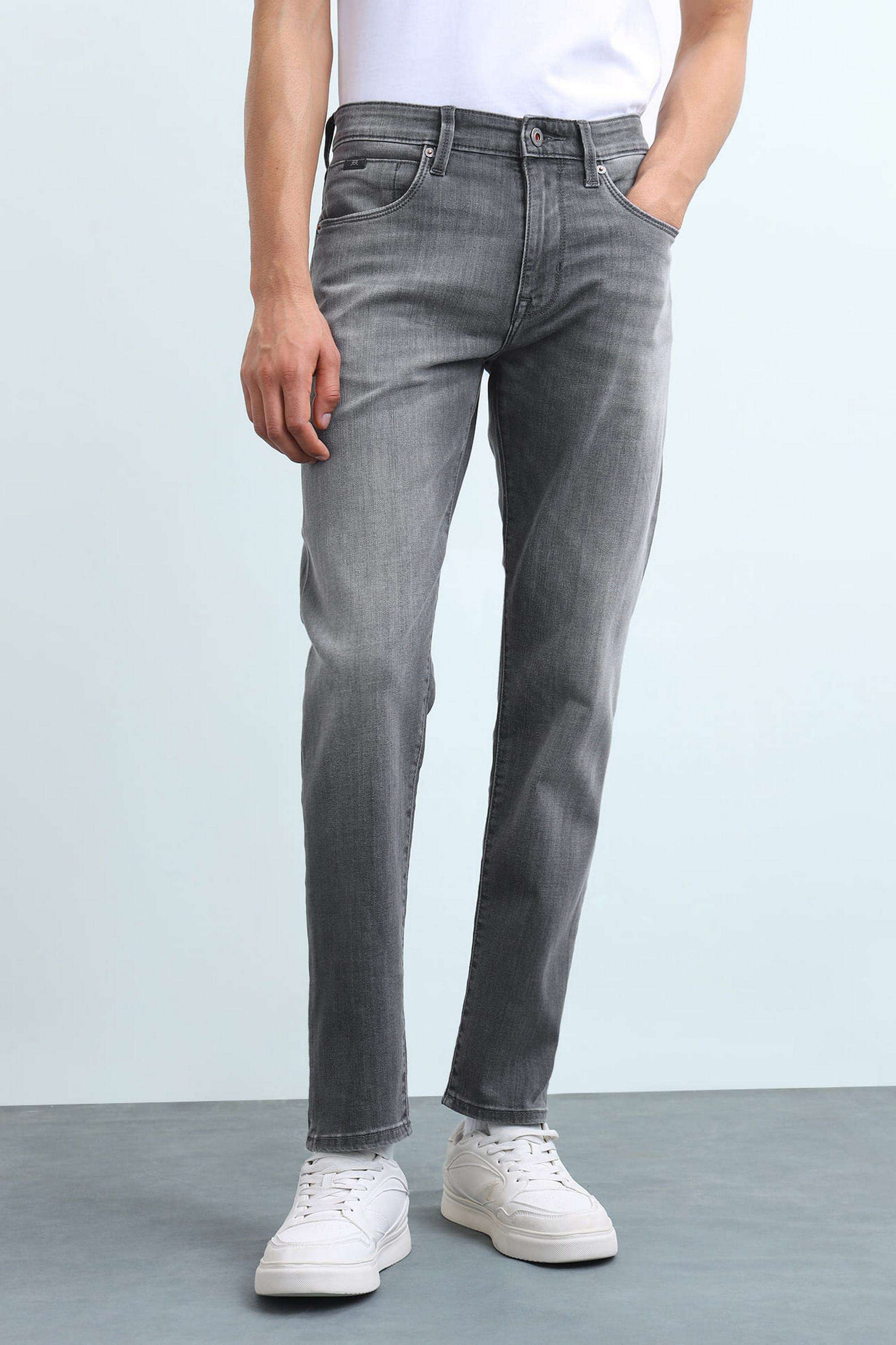 Solid-Polyester-Cotton-Tapered-Fit-Men-s-Jeans