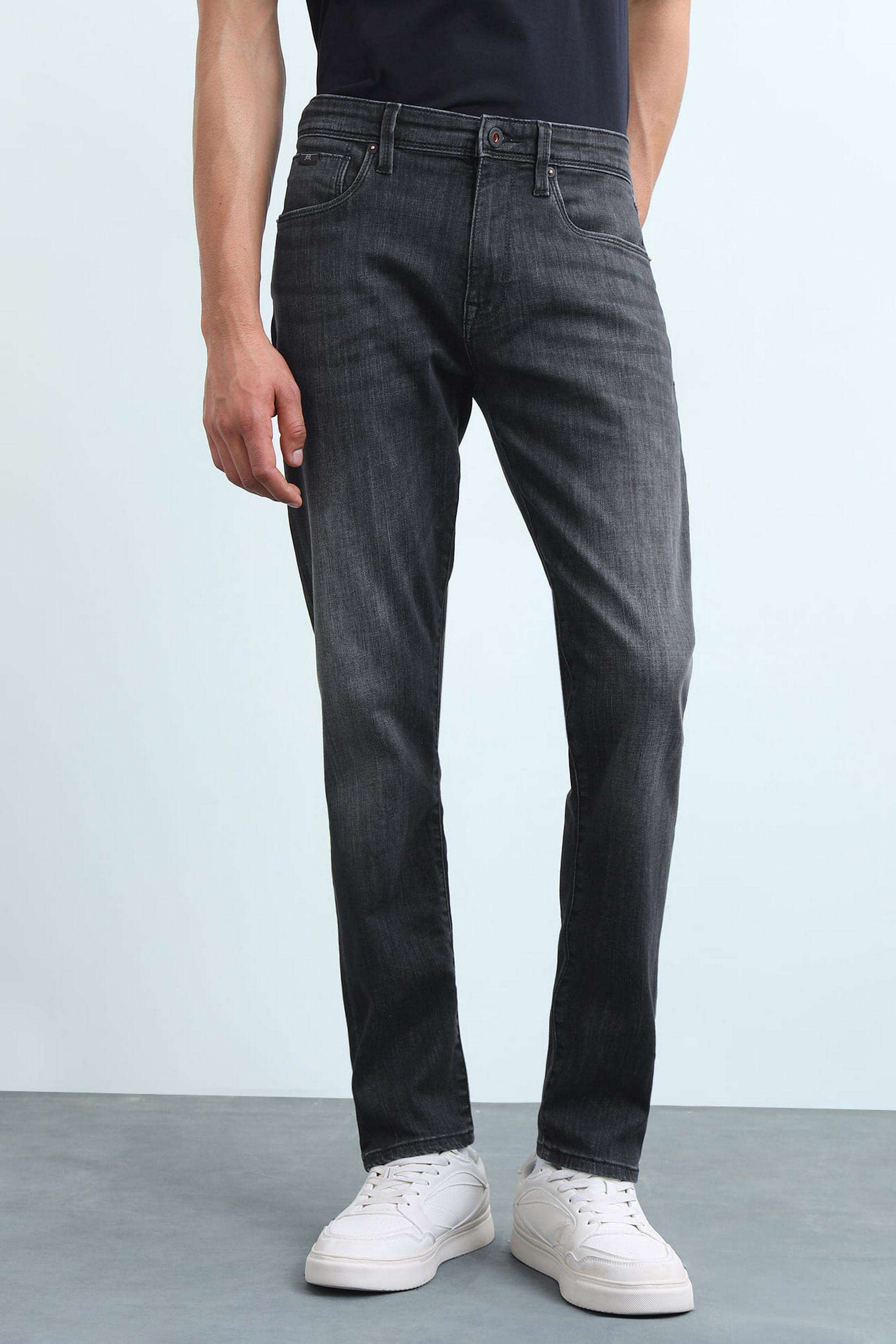 Solid-Polyester-Cotton-Tapered-Fit-Men-s-Jeans