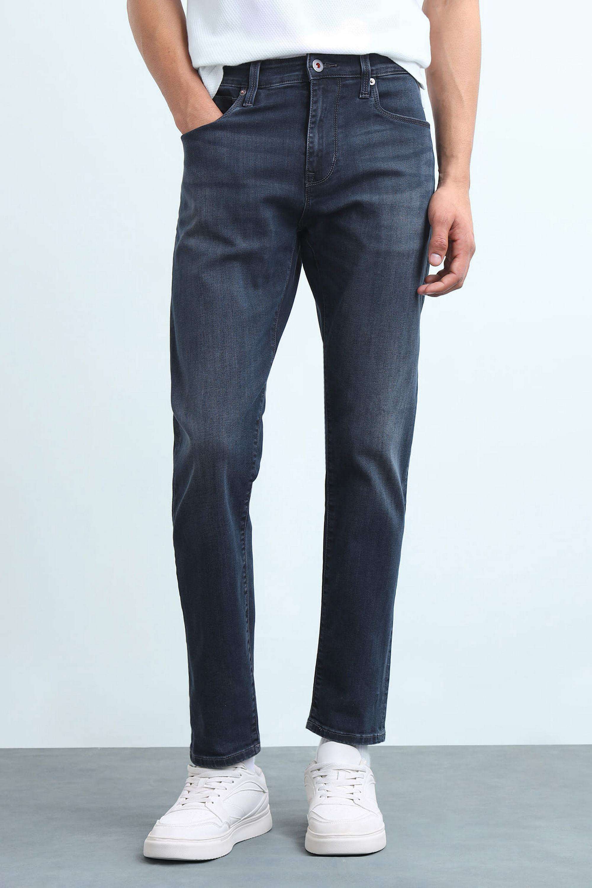 Solid-Polyester-Cotton-Tapered-Fit-Men-s-Jeans