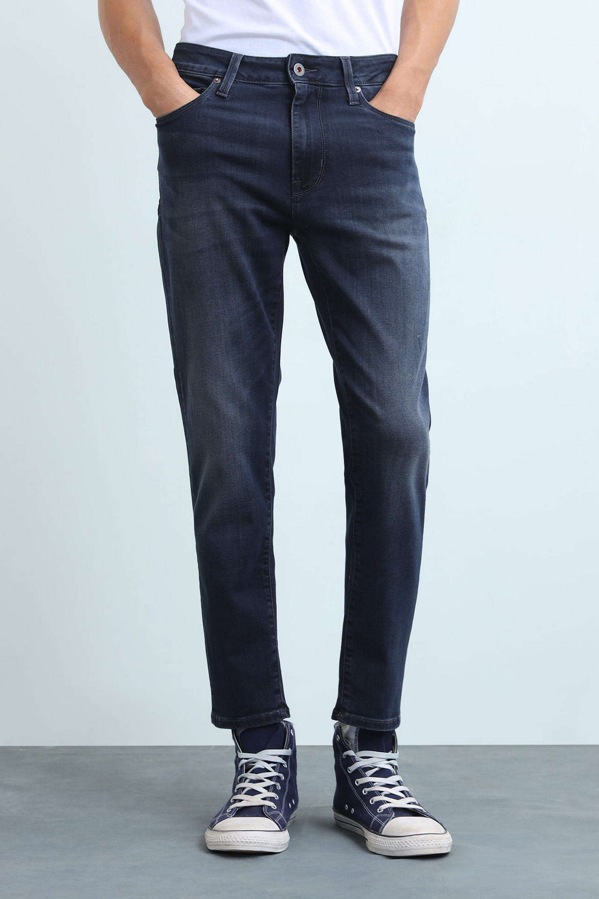 Solid-Polyester-Cotton-Tapered-Fit-Men-s-Jeans