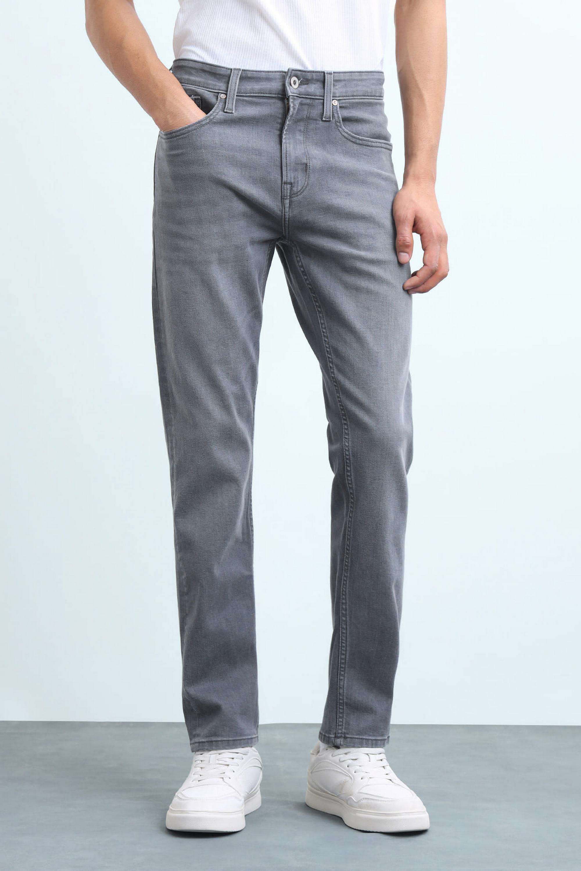 Solid-Polyester-Cotton-Tapered-Fit-Men-s-Jeans