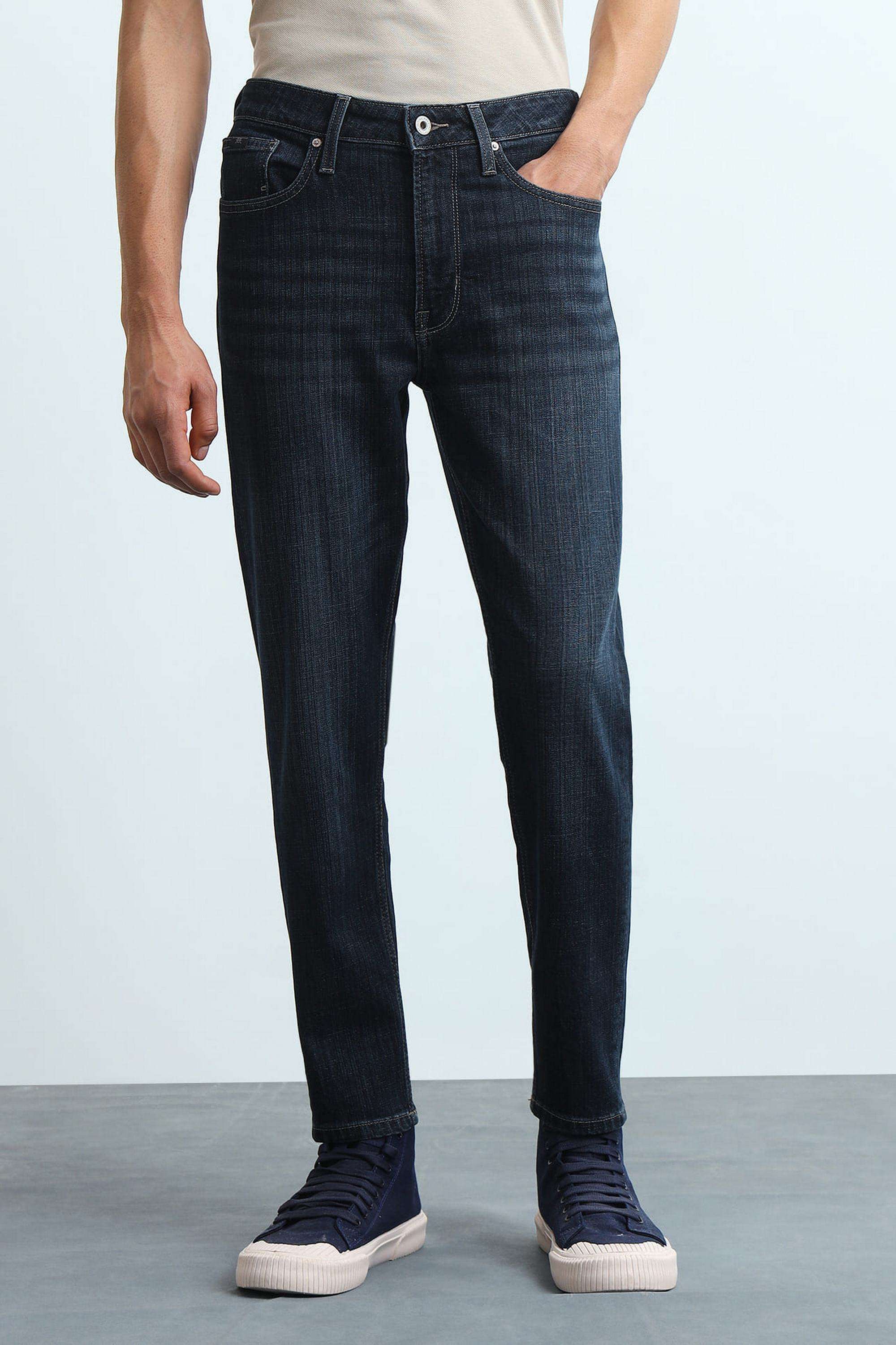 Solid-Polyester-Cotton-Tapered-Fit-Men-s-Jeans
