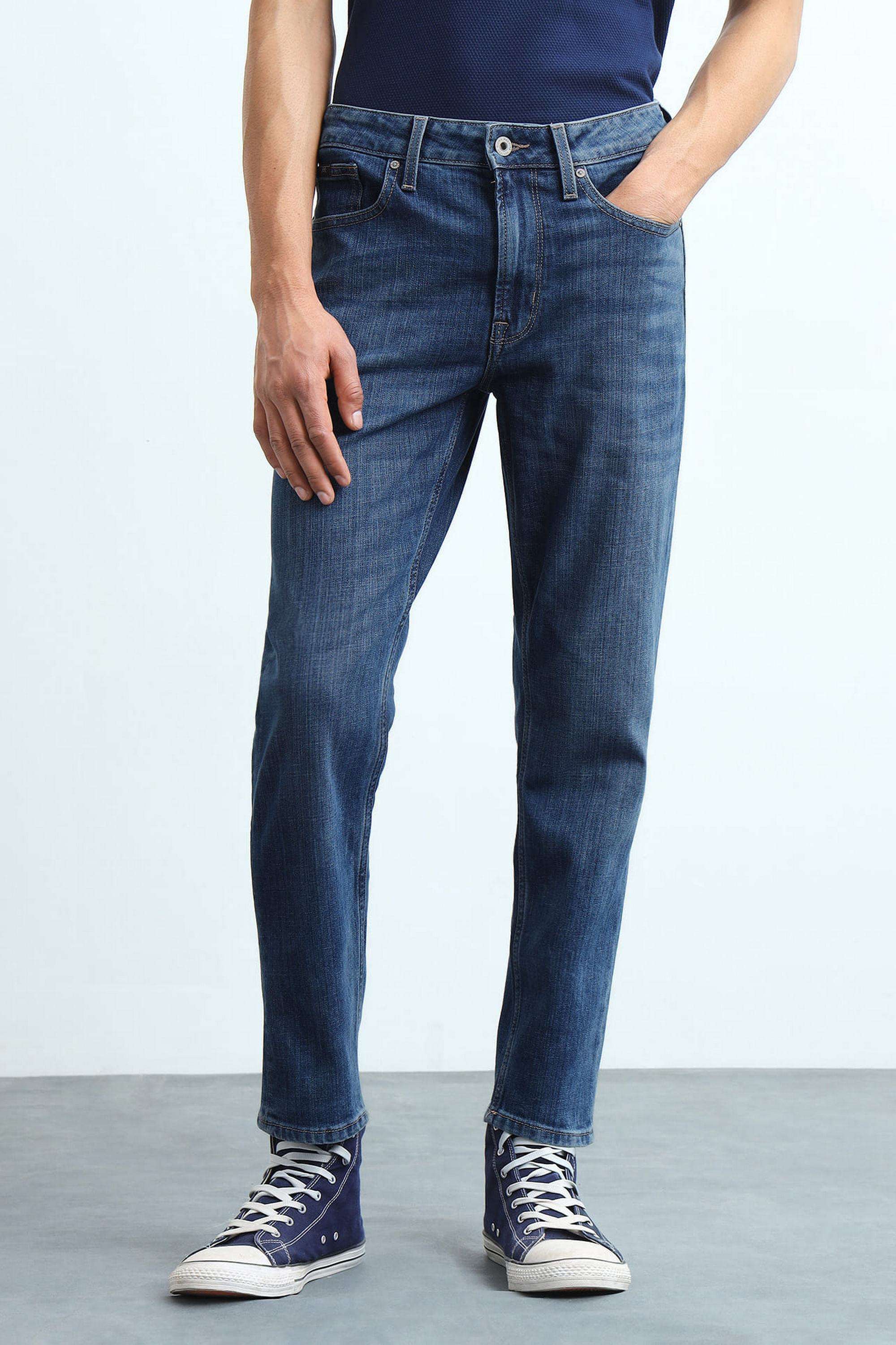 Solid-Polyester-Cotton-Tapered-Fit-Men-s-Jeans