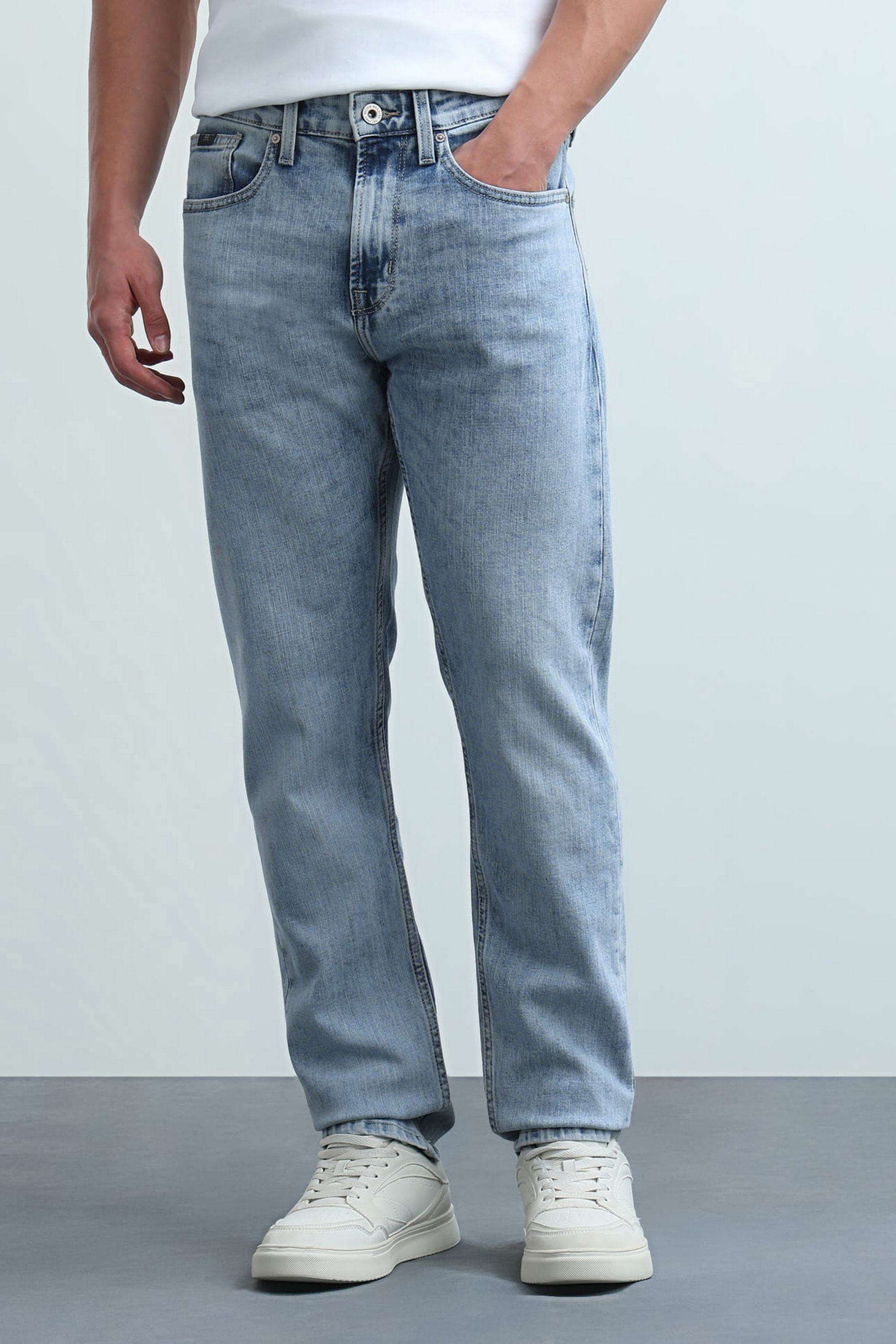 Solid-Polyester-Cotton-Tapered-Fit-Men-s-Jeans