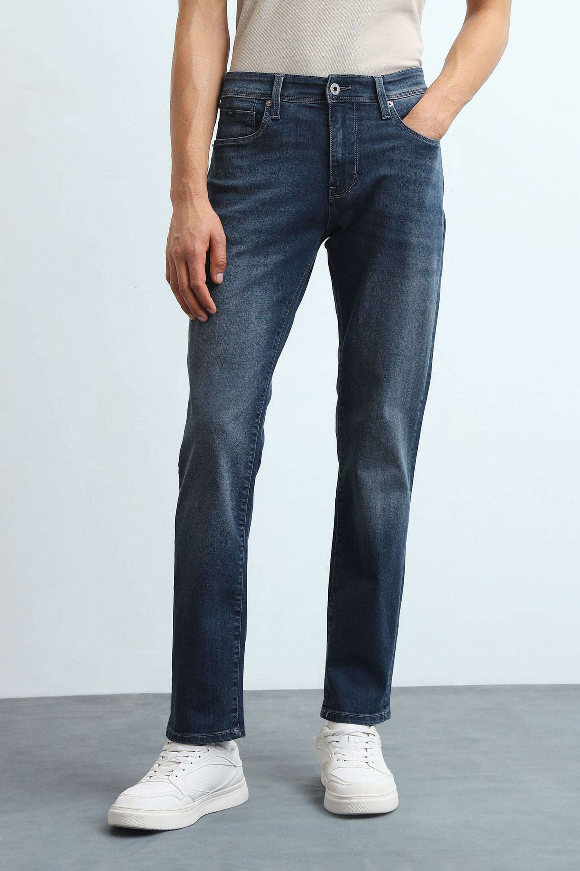 Solid-Polyester-Cotton-Straight-Fit-Men-s-Jeans