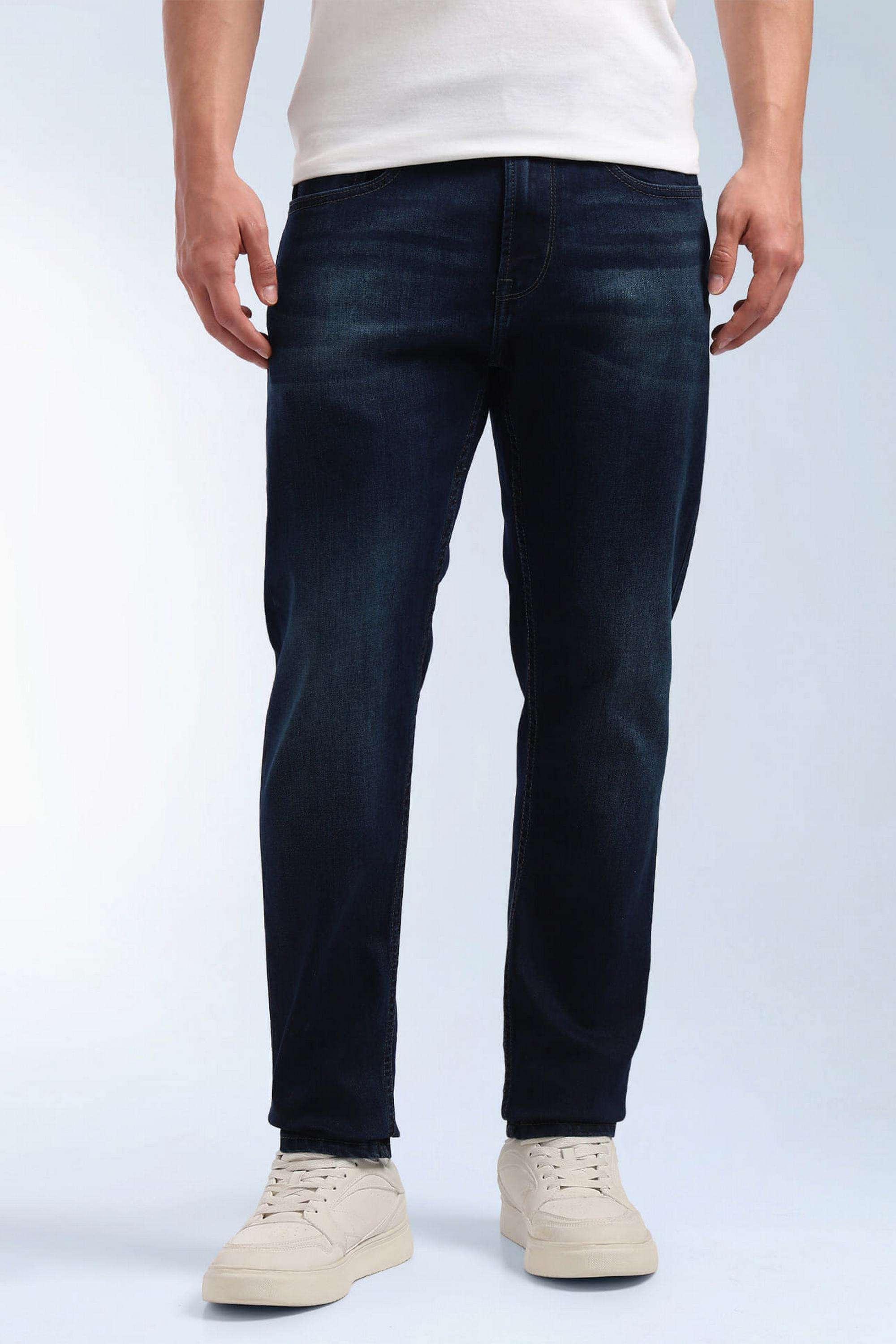 Solid-Polyester-Cotton-Tapered-Fit-Men-s-Jeans