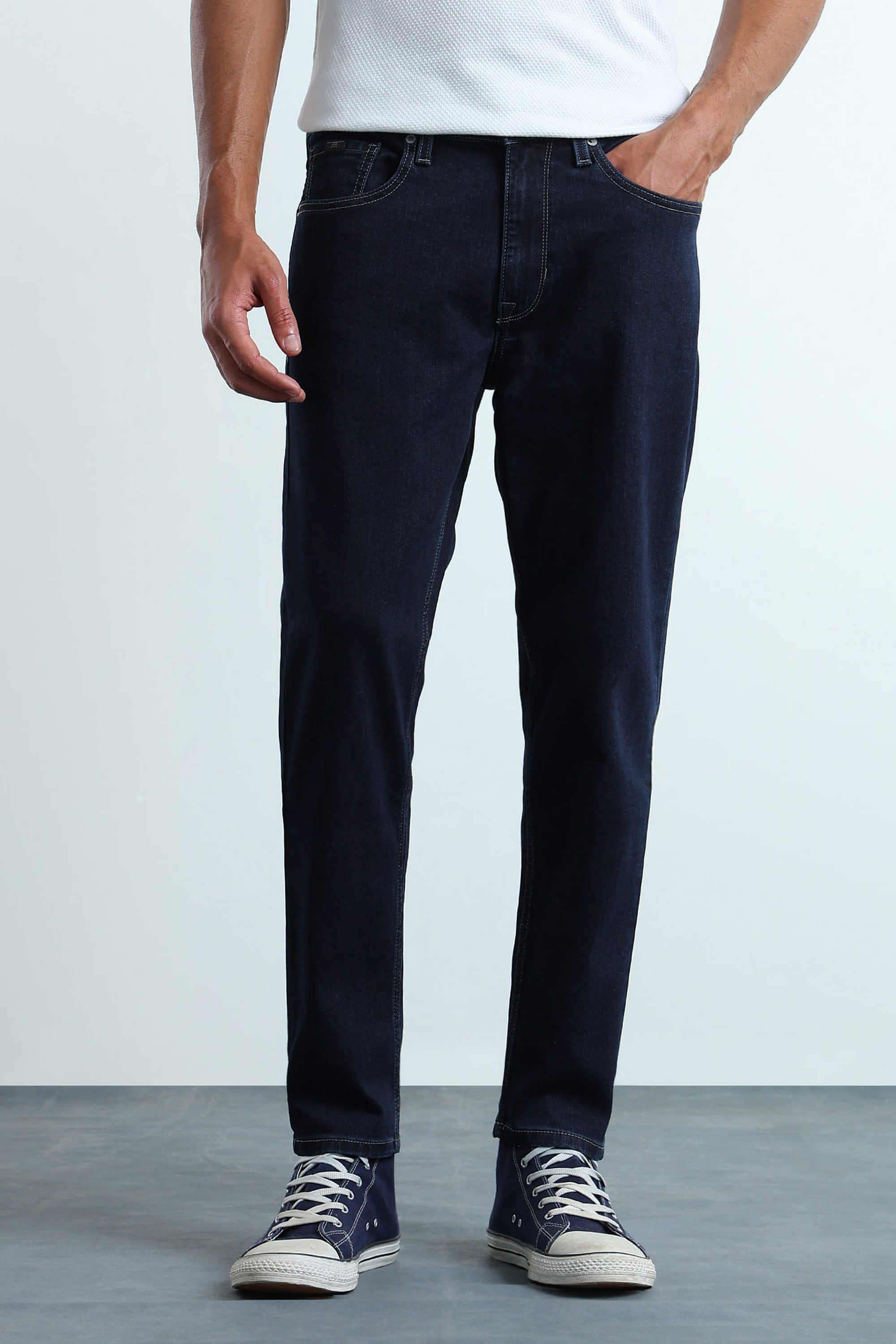 Solid-Polyester-Cotton-Tapered-Fit-Men-s-Jeans