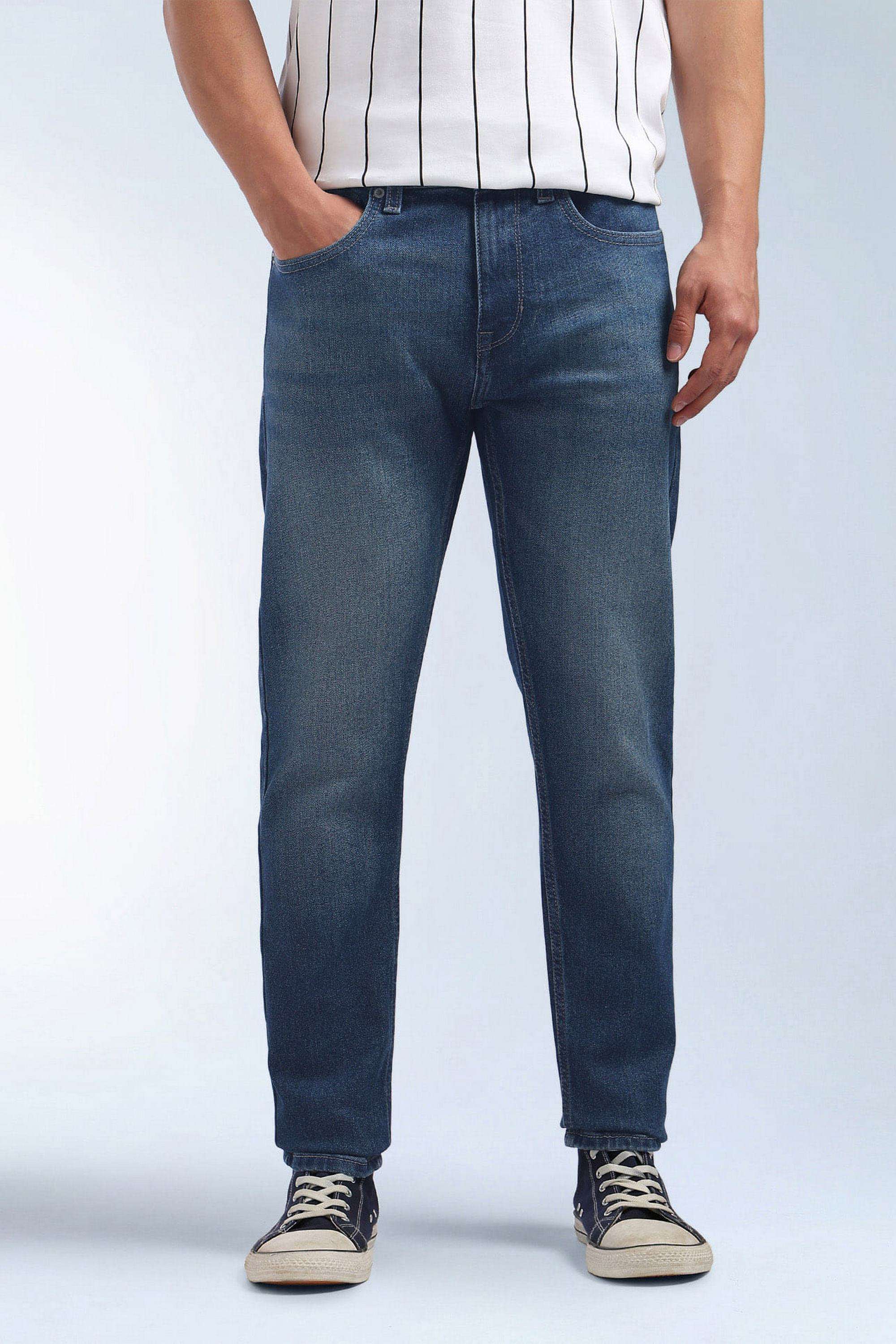 Solid-Polyester-Cotton-Tapered-Fit-Men-s-Jeans