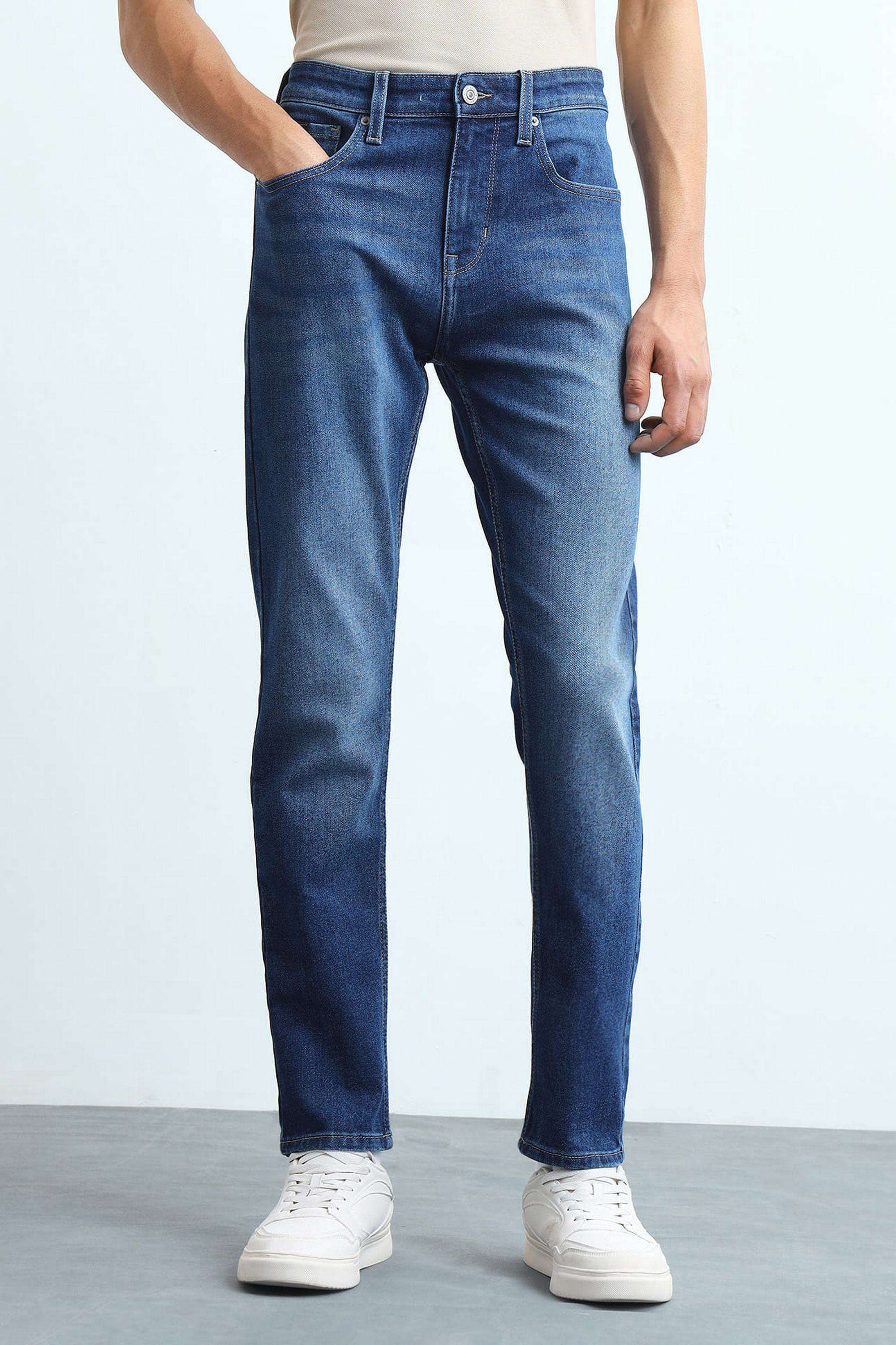 Solid-Polyester-Cotton-Tapered-Fit-Men-s-Jeans