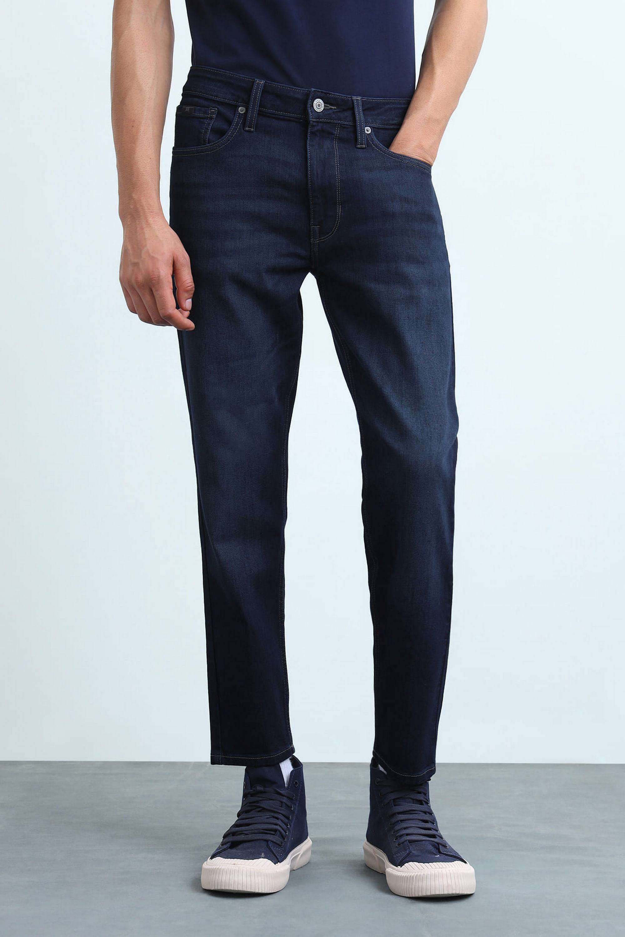 Solid-Polyester-Cotton-Tapered-Fit-Men-s-Jeans
