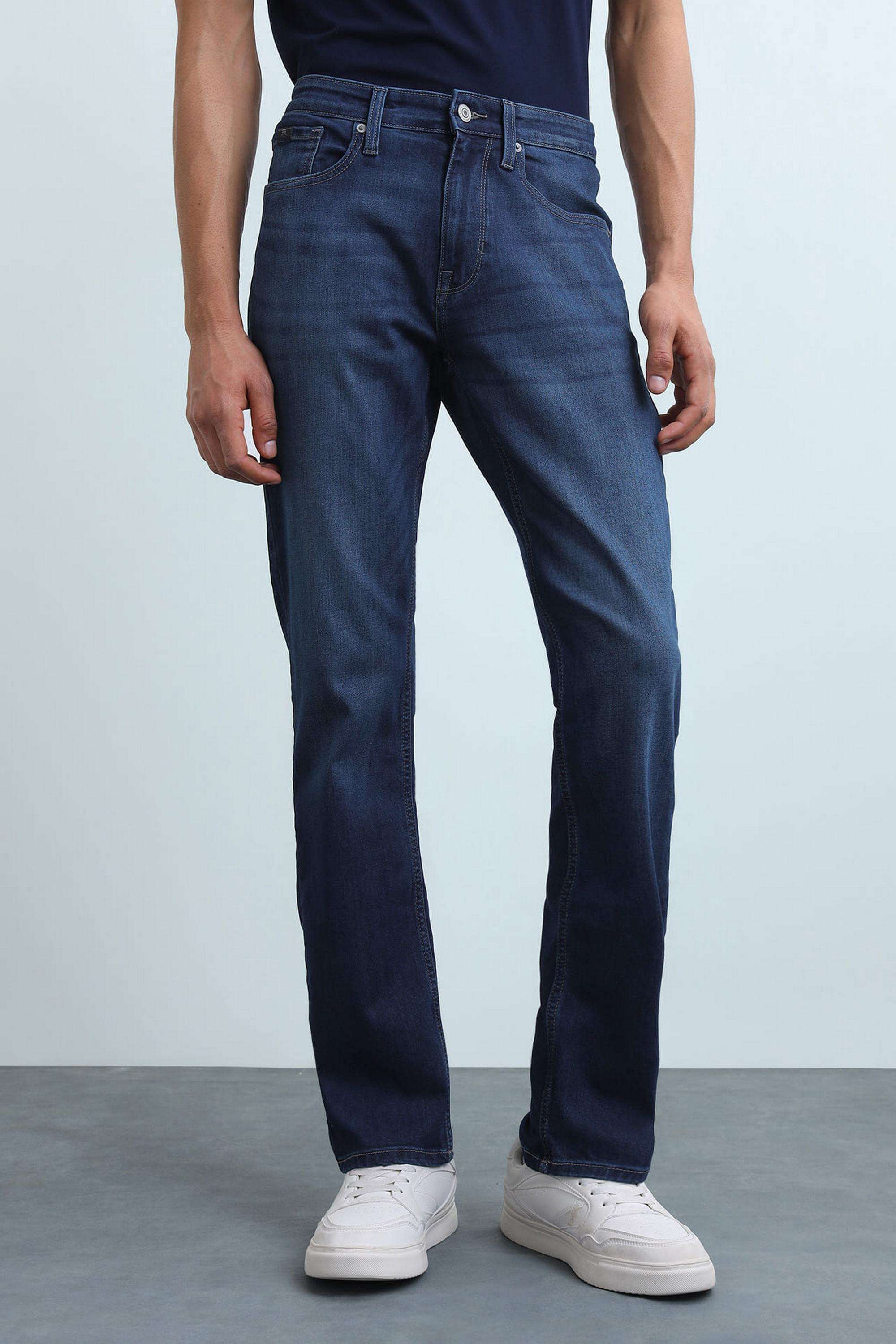 Solid-Polyester-Cotton-Straight-Fit-Men-s-Jeans