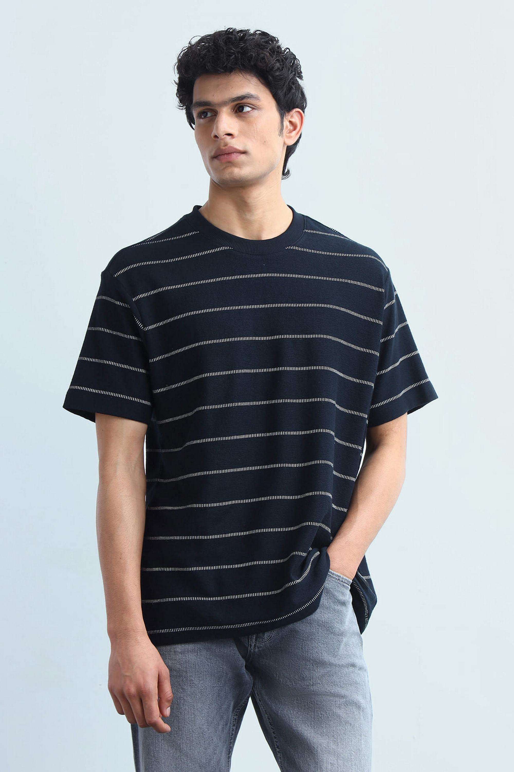 Stripes-Blended-Fabric-Round-Neck-Men-s-T-Shirt