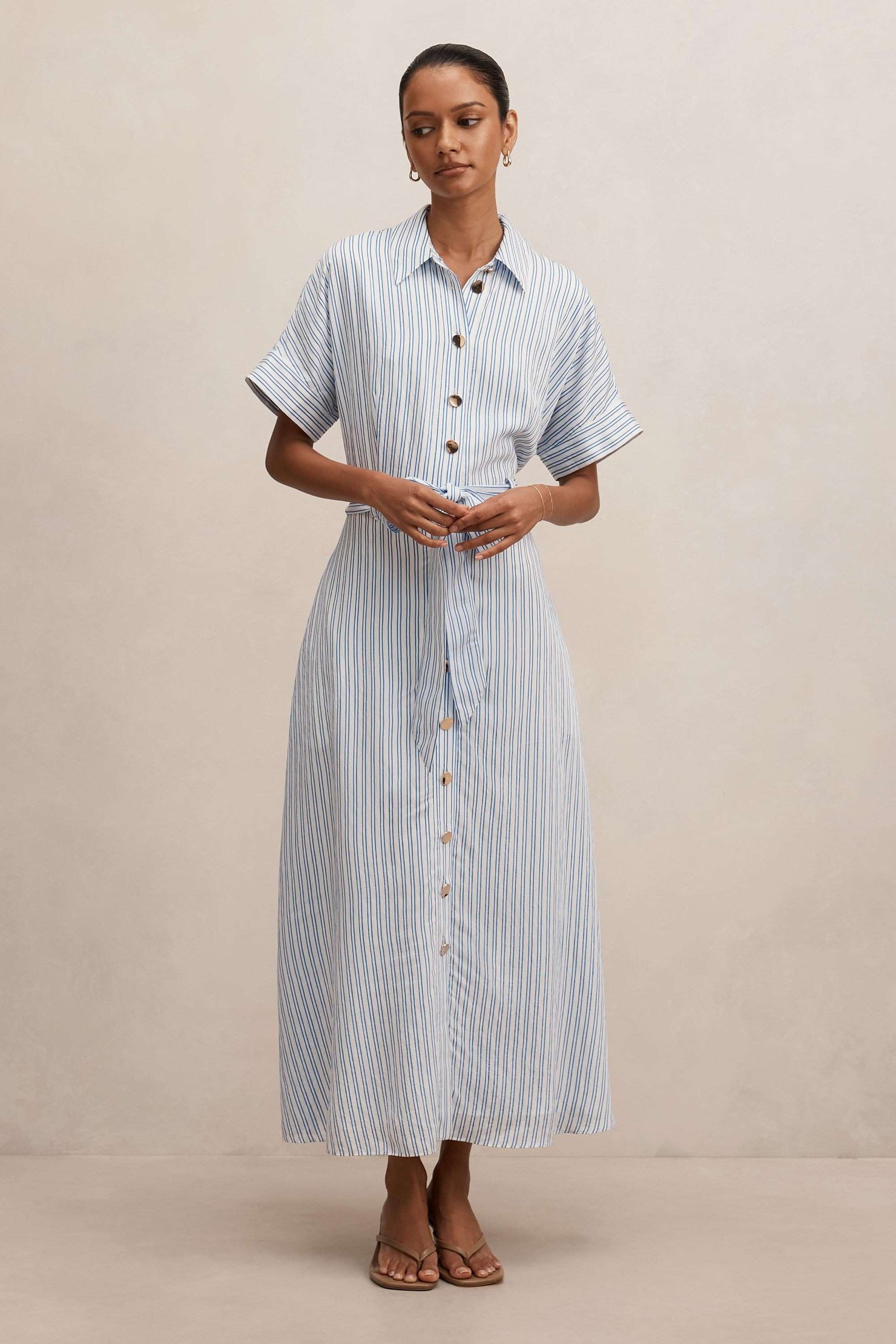 Stripes-Collared-Blended-Fabric-Women-s-Dress