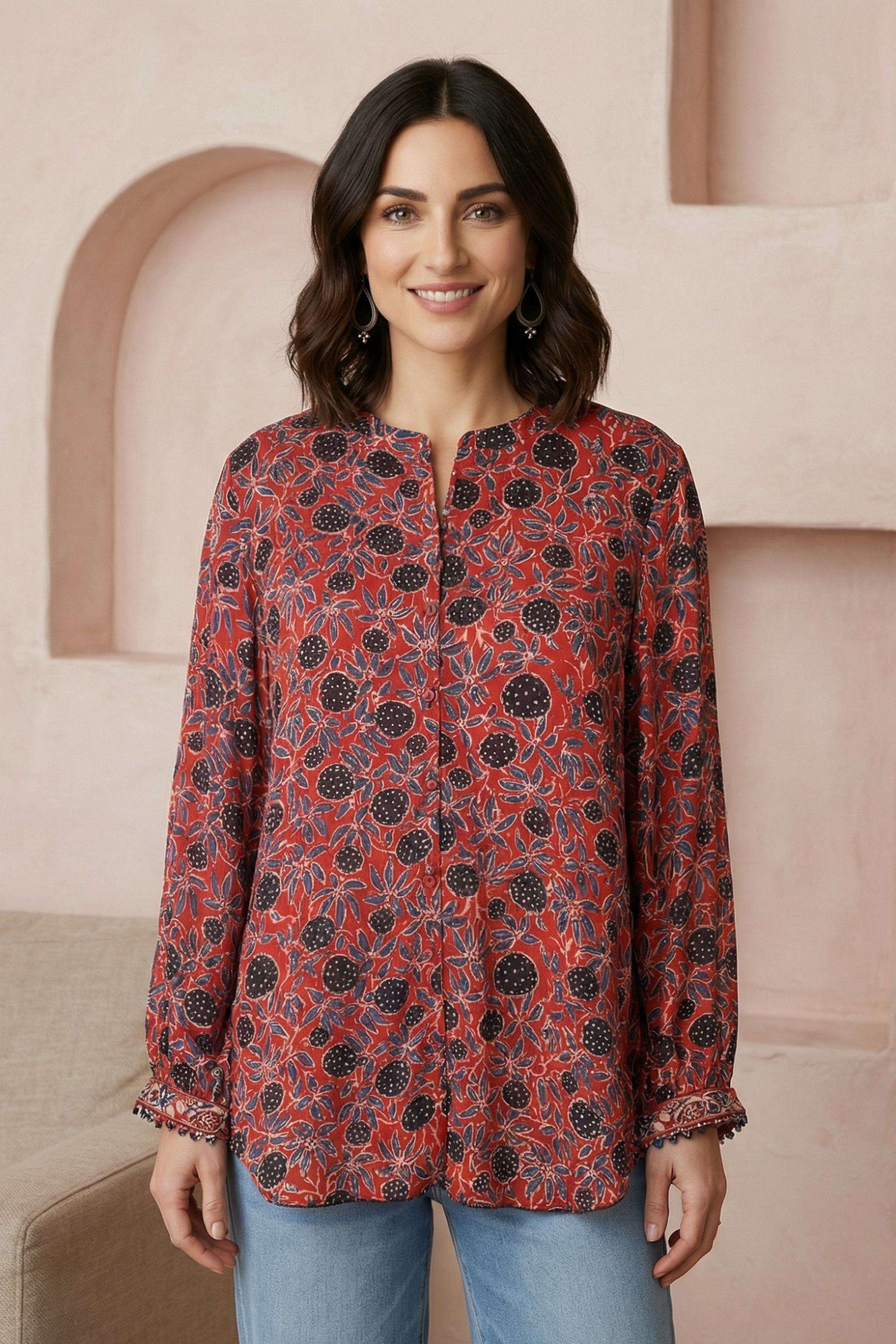 Floral-Blended-Fabric-Round-Neck-Women-s-Top