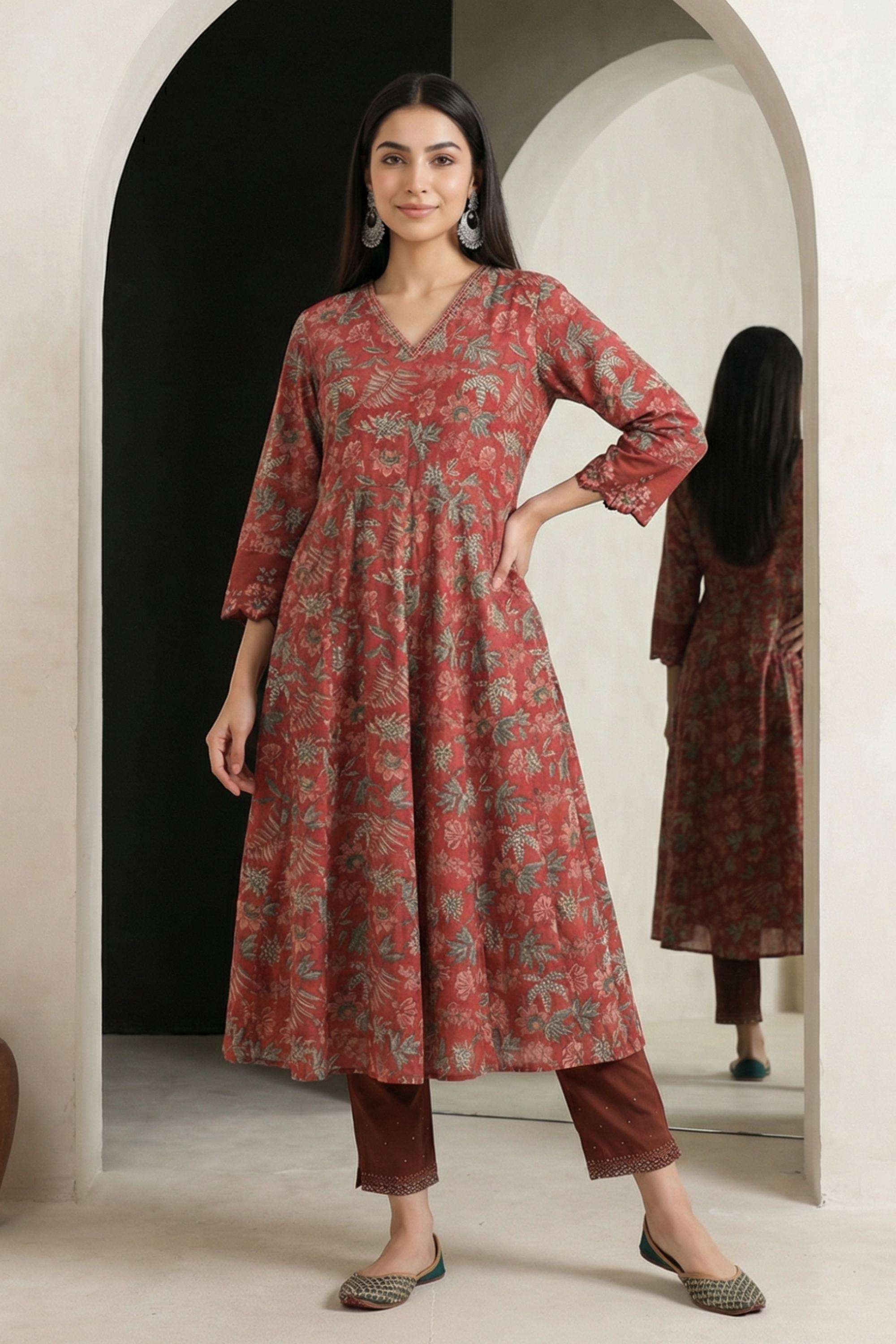 Floral-Blended-Fabric-V-Neck-Women-Kurta