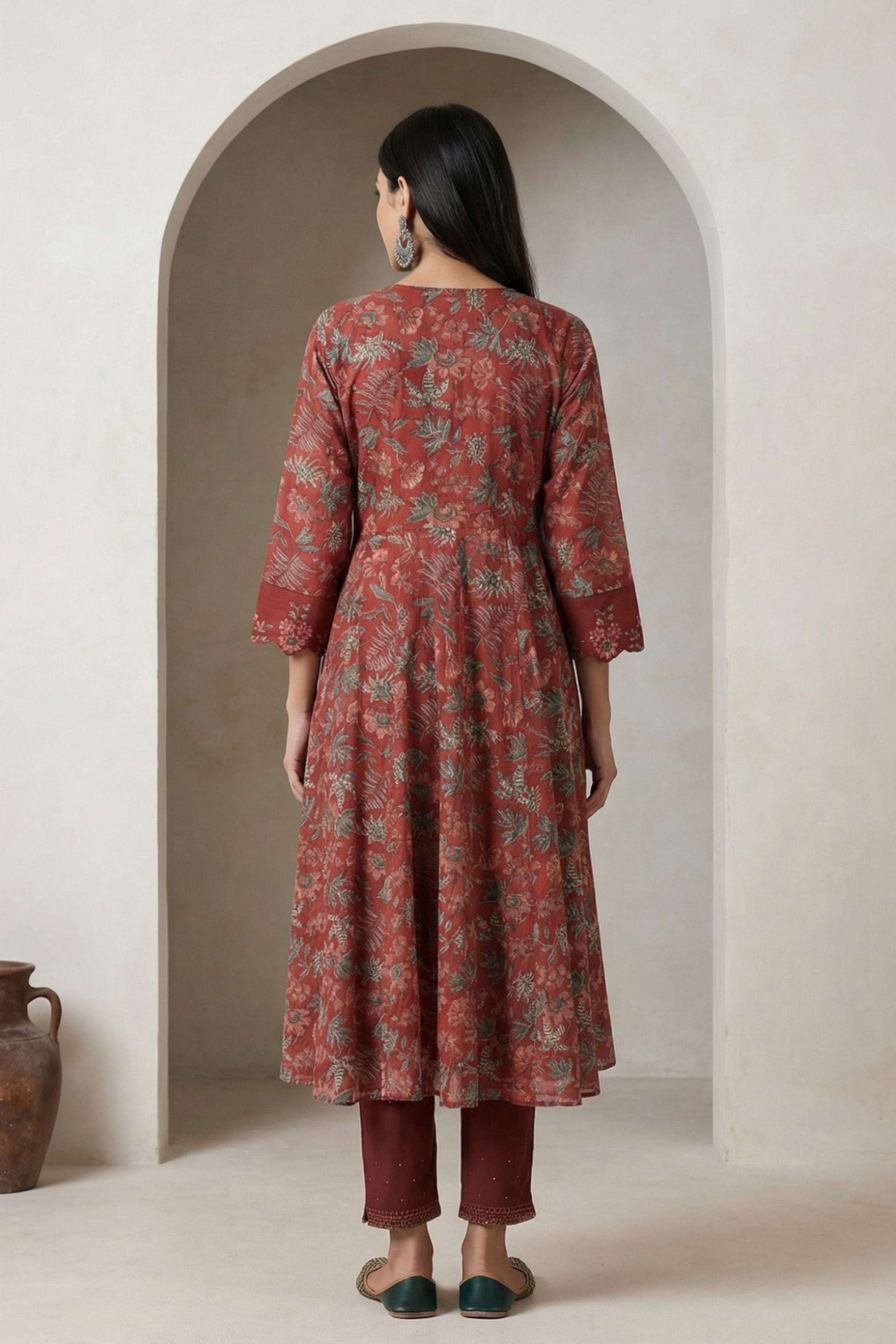 Floral-Blended-Fabric-V-Neck-Women-Kurta