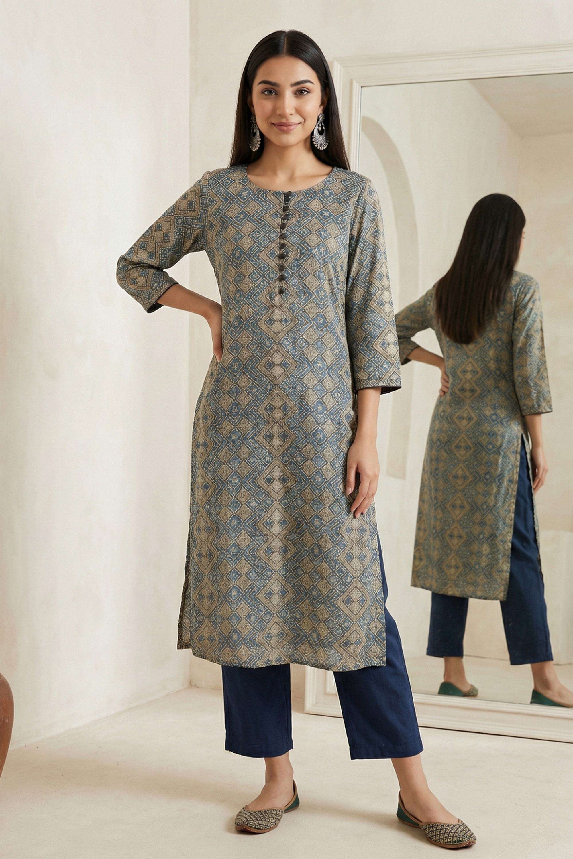 Geometric-Print-Blended-Fabric-Round-Neck-Women-Kurta